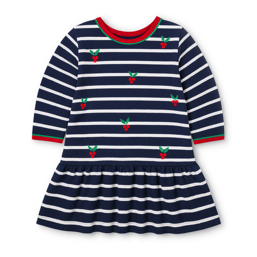 Stripe Knit Dress With Embroidered Holly