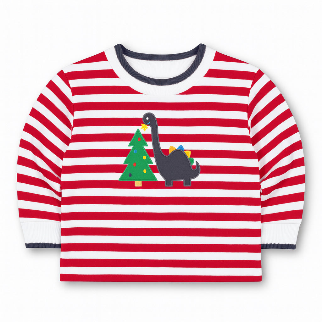 Stripe Knit Shirt With Dino & Christmas Tree