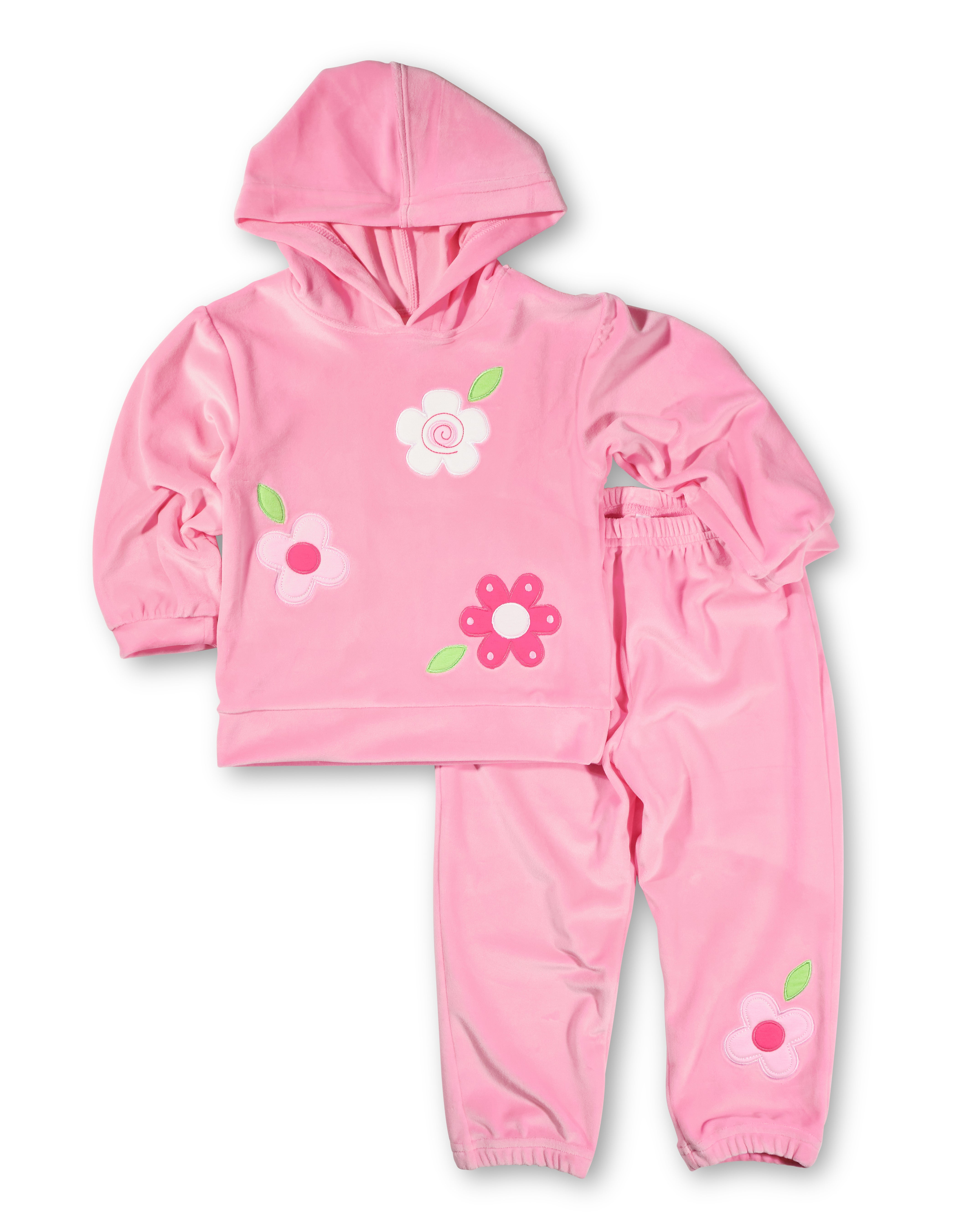 Pink children's hoodie and pants set with floral designs on a white background