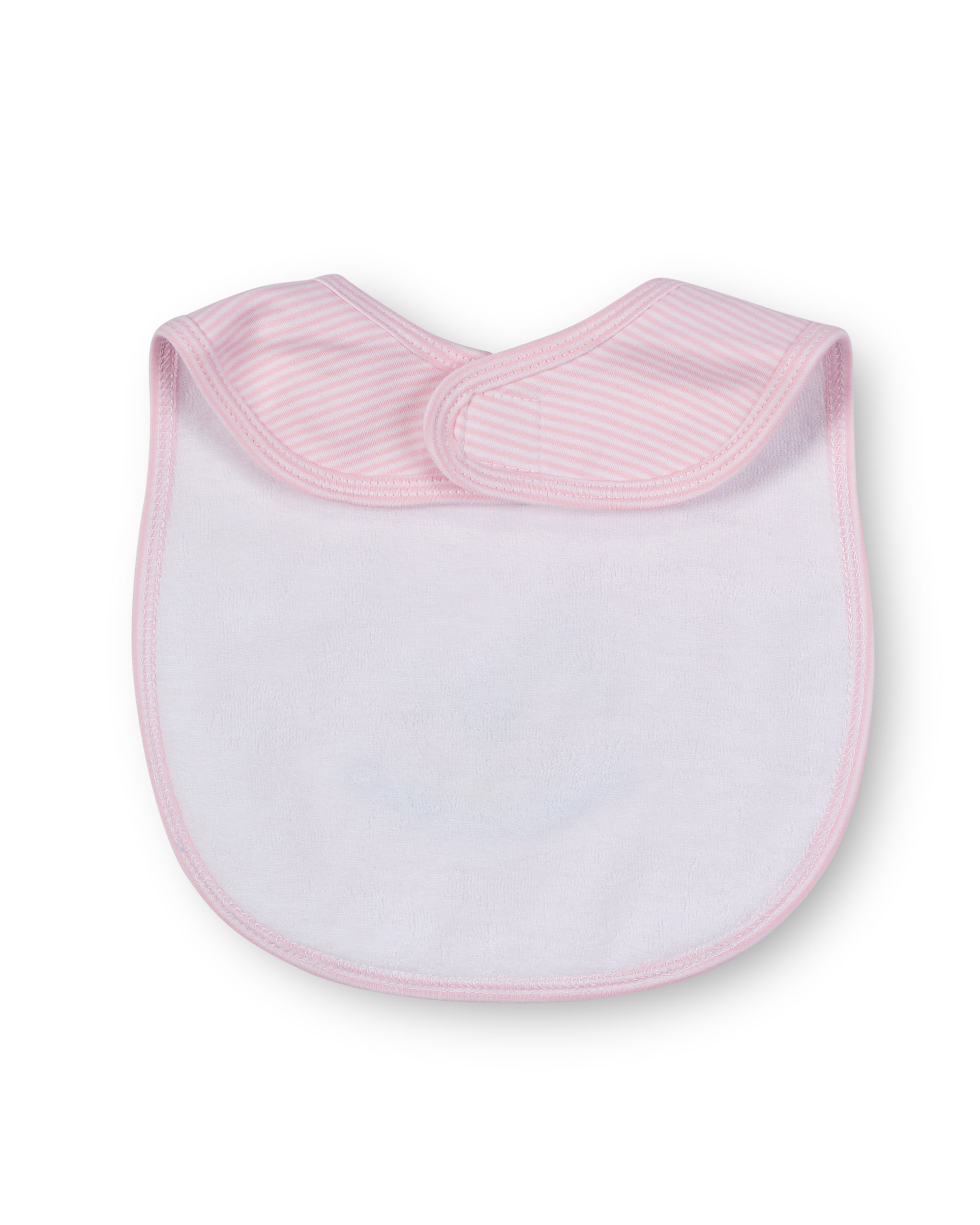 Baby bib with pink trim on a white background