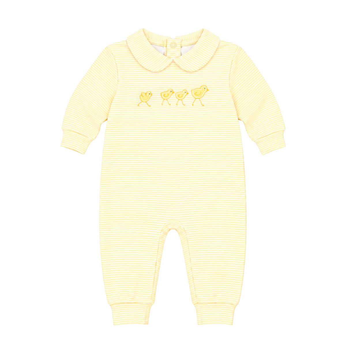 A baby long-sleeve footless romper in pale yellow and white horizontal stripes, featuring three embroidered yellow chicks on the chest, displayed on a solid white background.