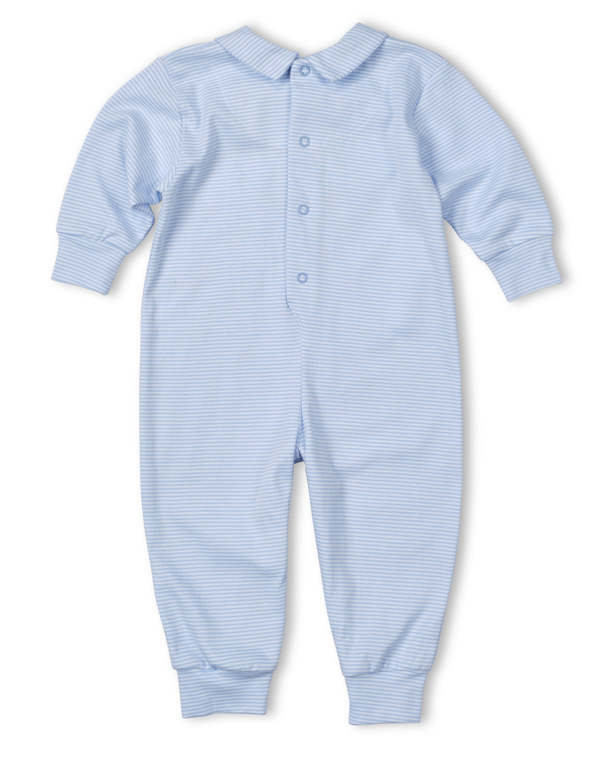 Blue striped baby onesie on a white background