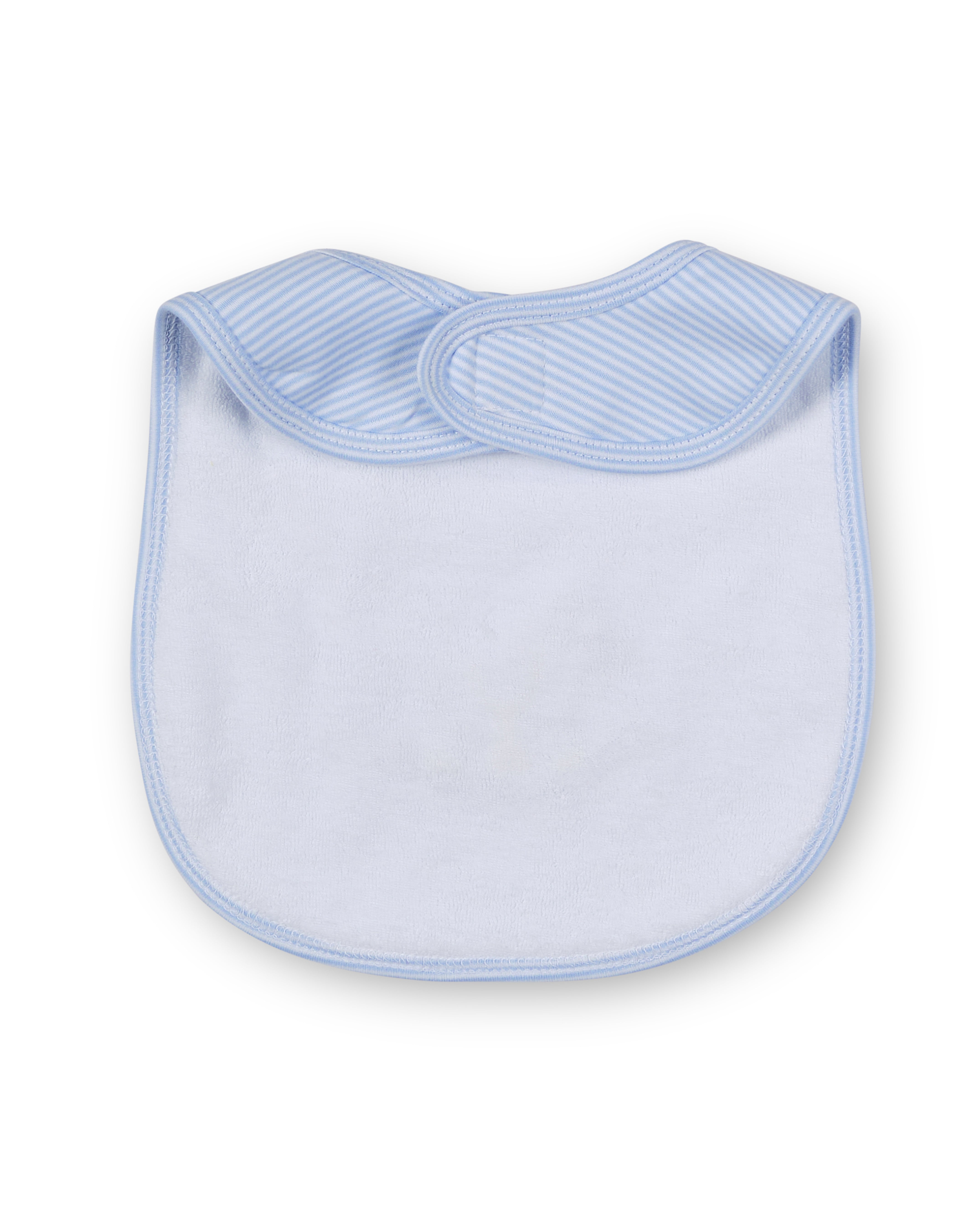 Back of baby bib with light blue trim on a white background
