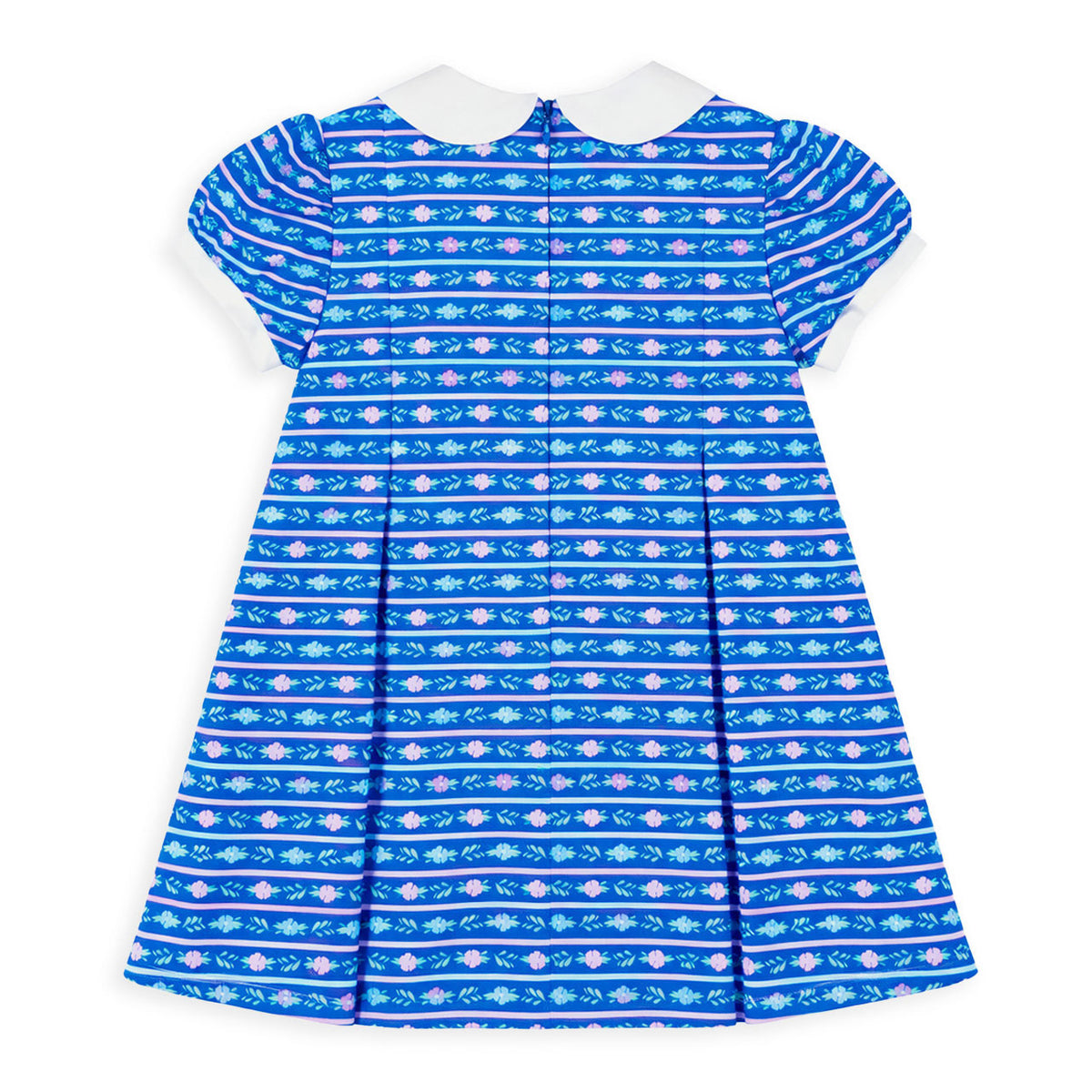A short-sleeve baby dress with a blue and white striped pattern, featuring a white Peter Pan collar, shown against a plain white background.