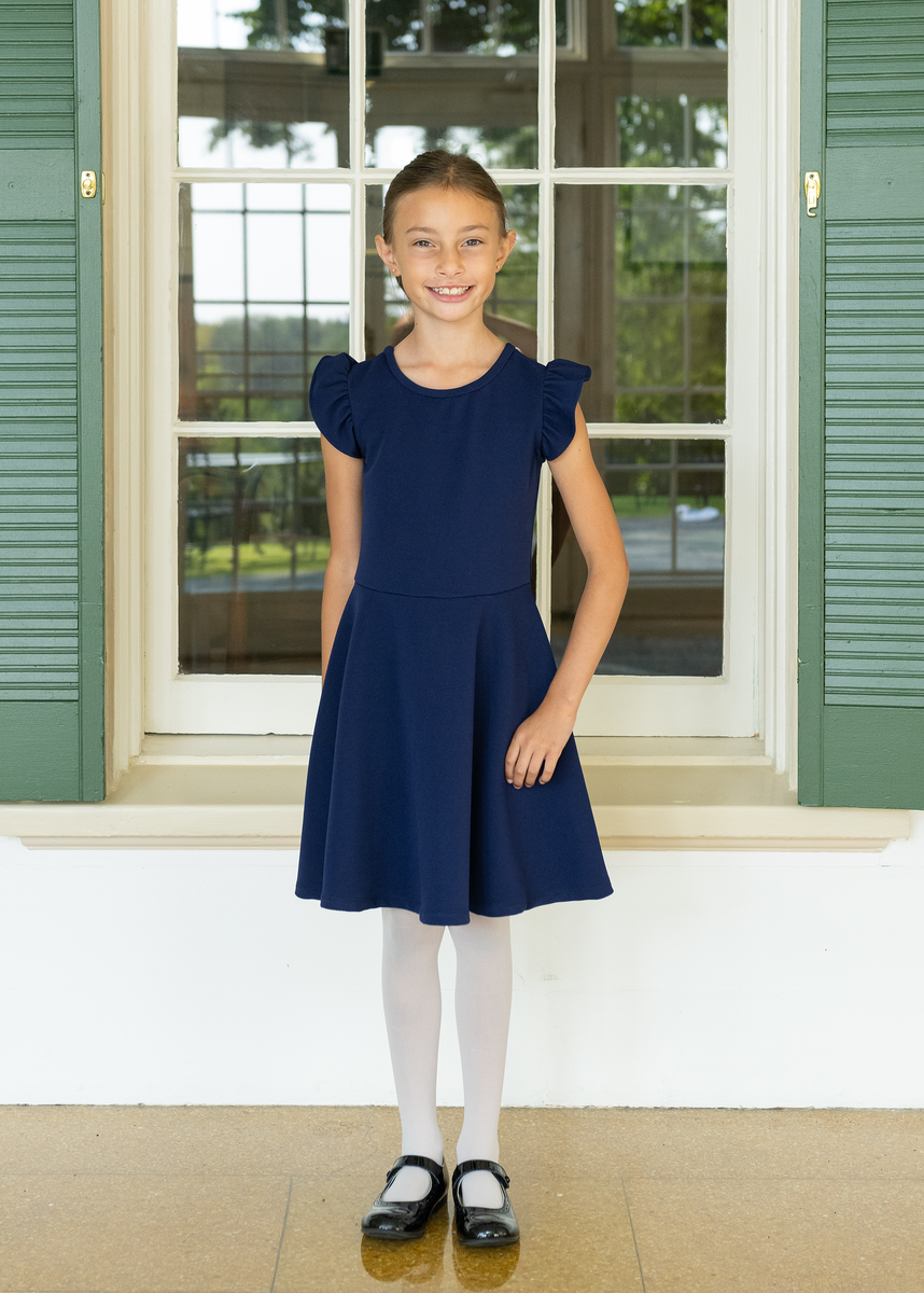 navy blue knit dress Florence Eiseman Girl's Ruffle Trim Knit Dress, Size 7-14, Blue, 14, Girls Apparel Dresses