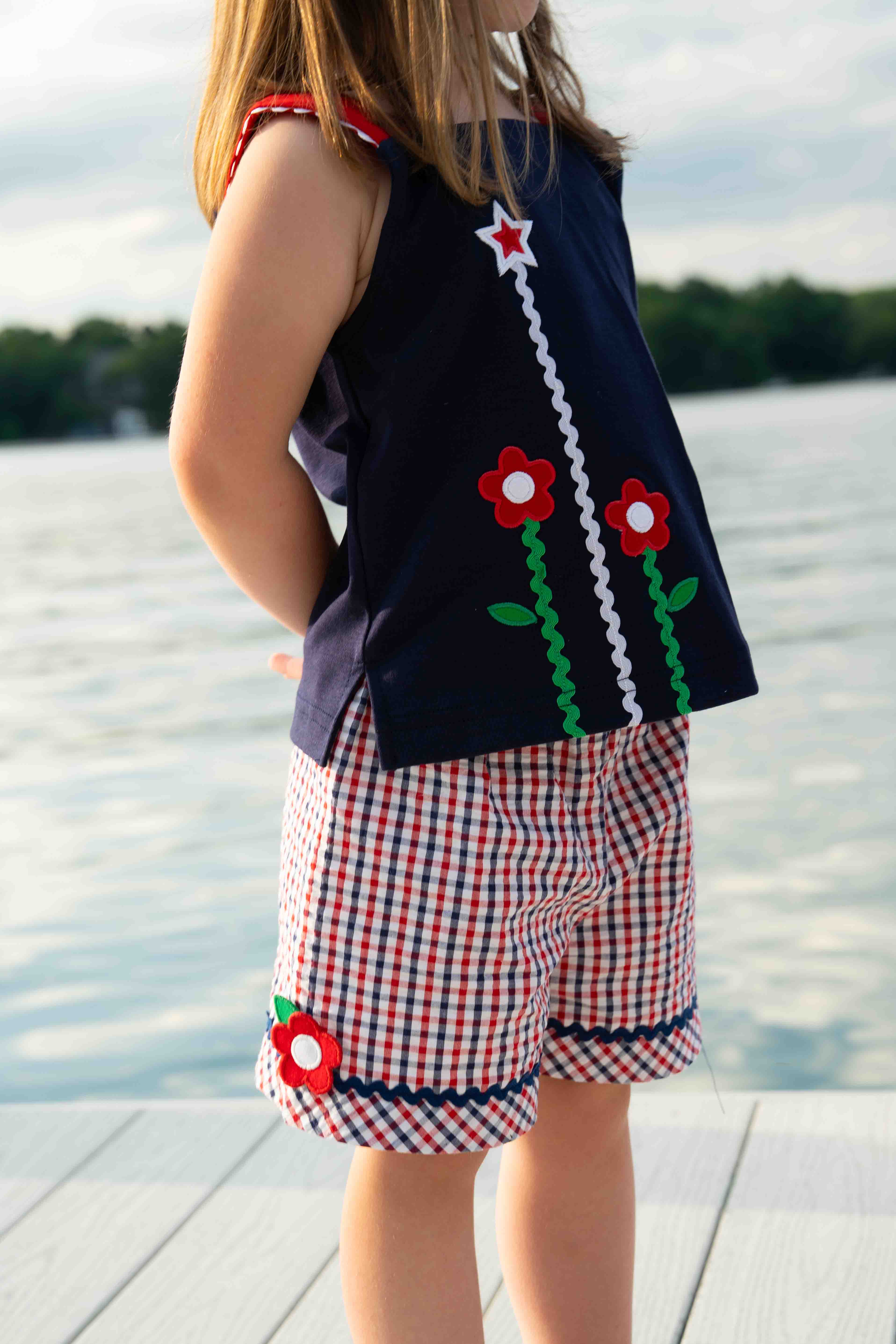 Plaid Seersucker Shorts With Ric Rac & Flowers
