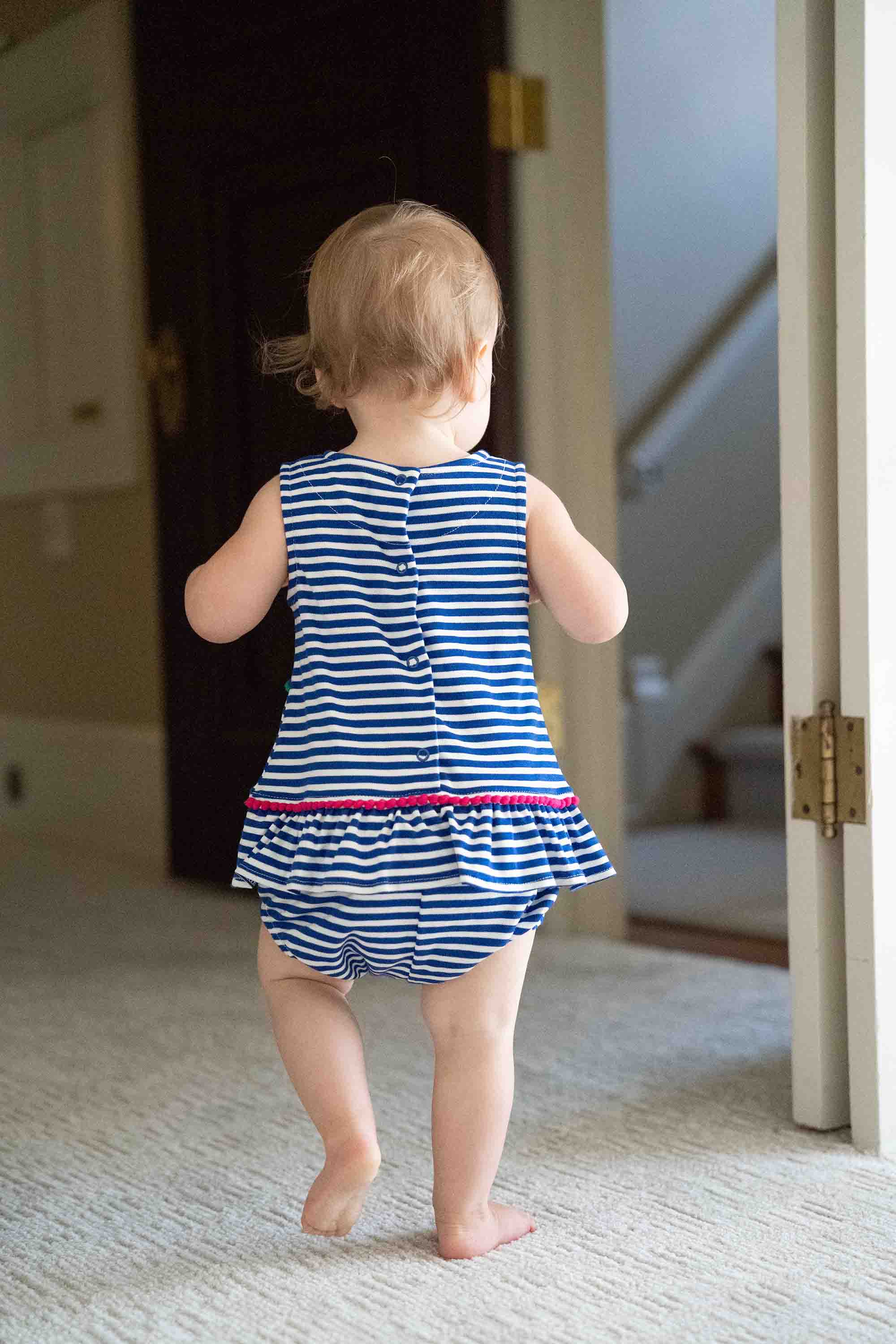 Stripe Knit Romper With Pom Poms & Flowers