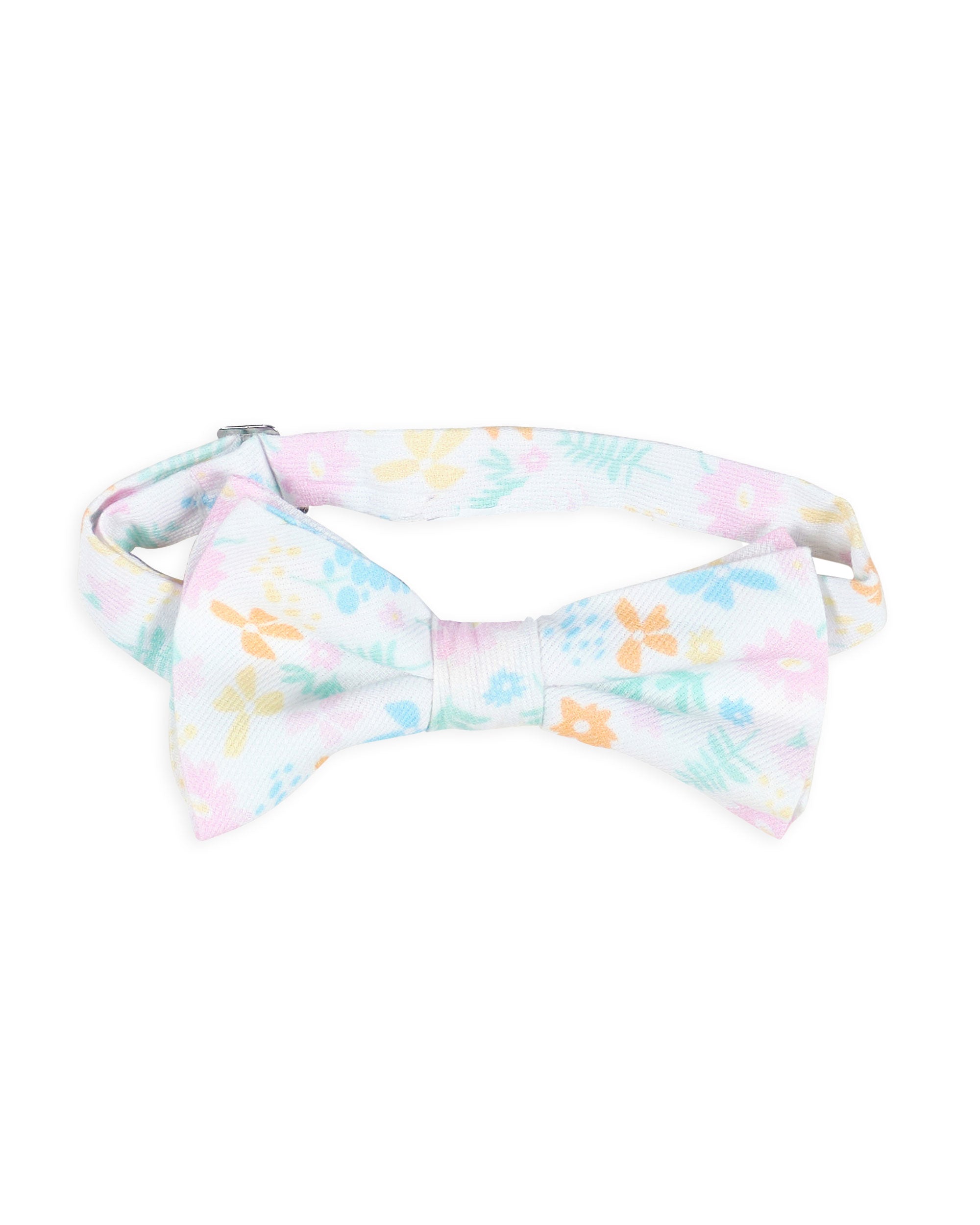 white bowtie with pink, blue and orange flowers