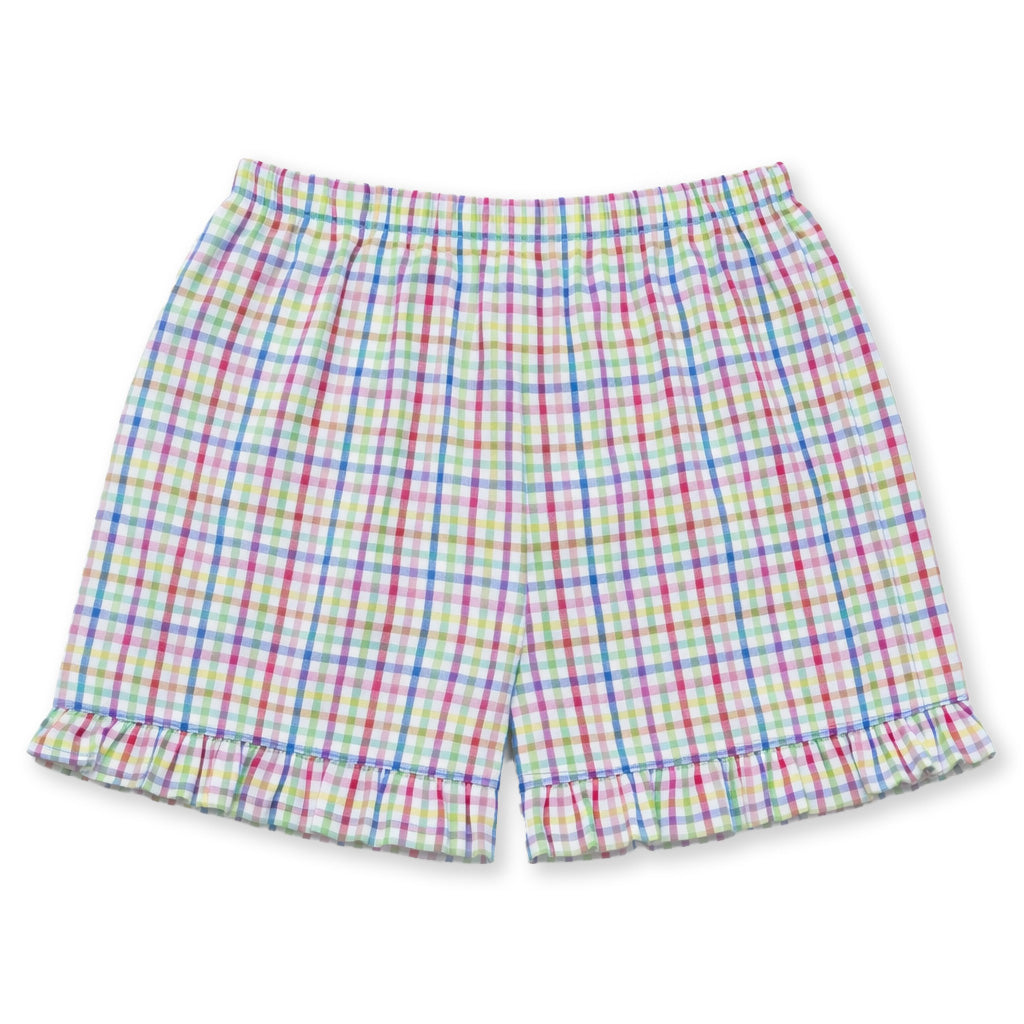 Plaid Seersucker Shorts With Ruffle Hem