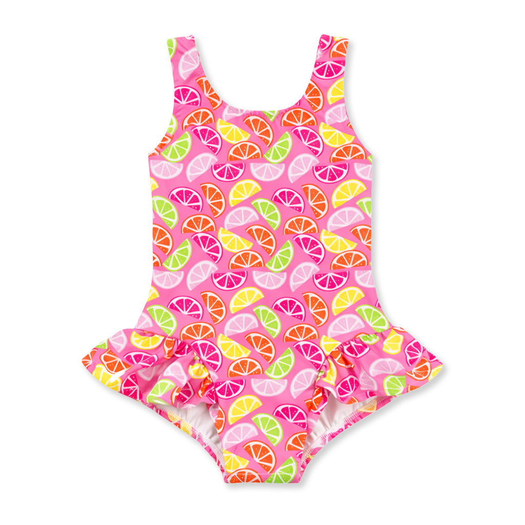 Citrus Print Swimsuit With Hip Ruffles