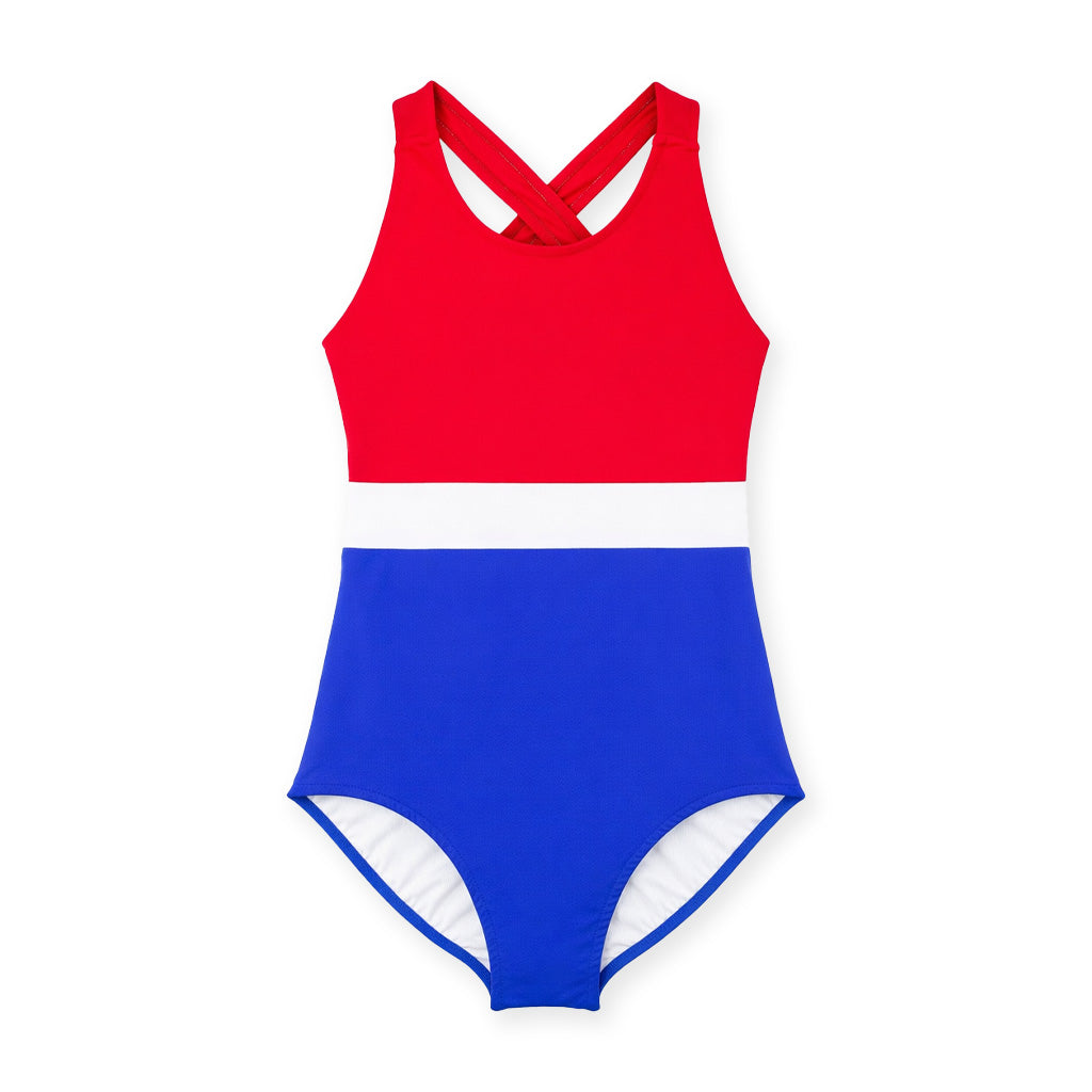 Red, White and Royal Color Block Tank Swimsuit