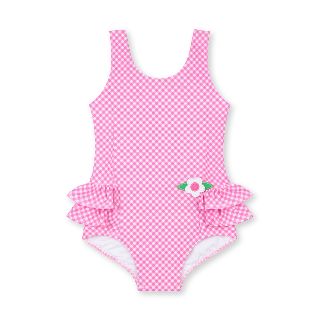 Gingham Swimsuit With Ruffles And Flower