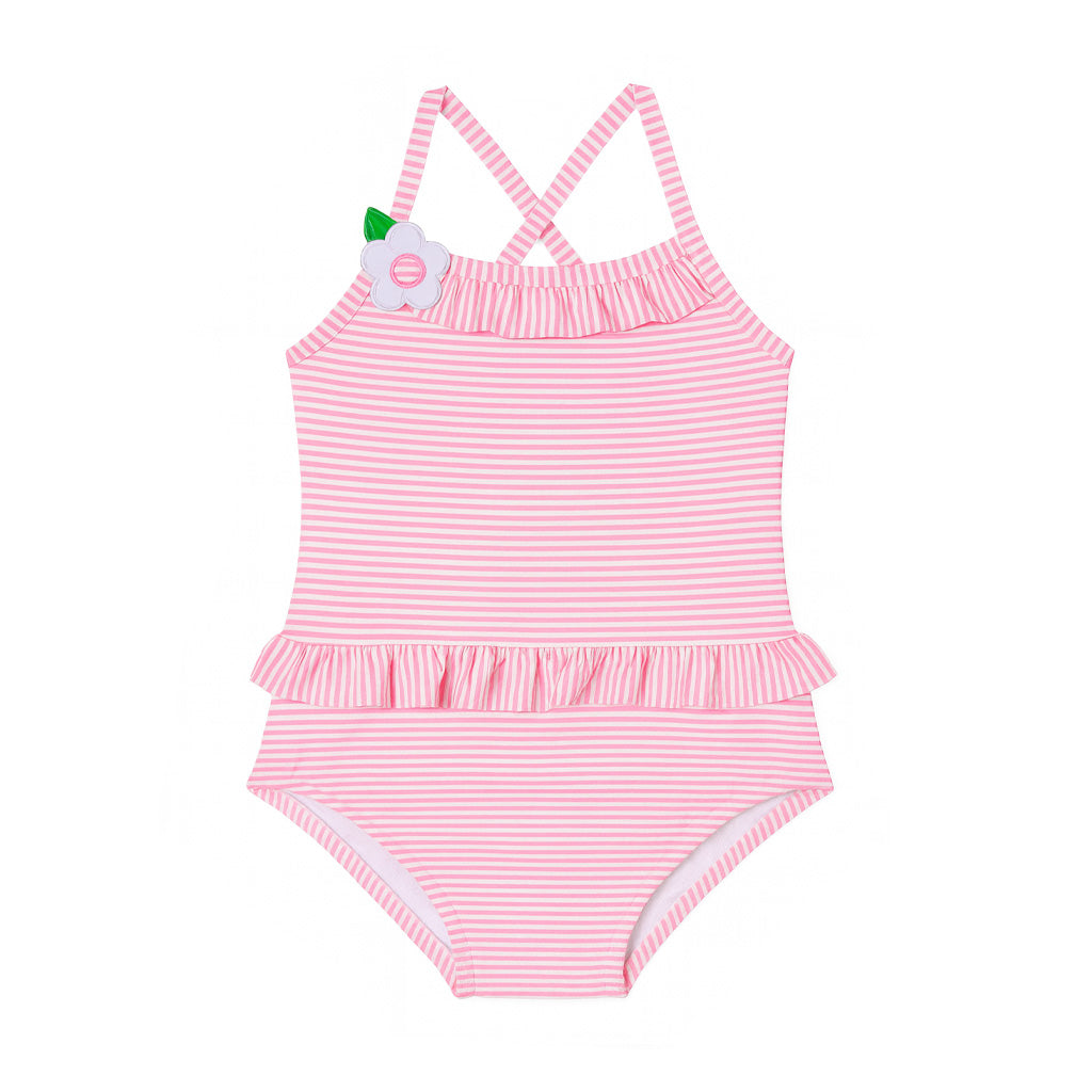 Pink and white striped swimsuit with ruffle details on a white background