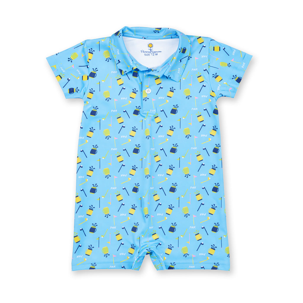 Blue baby romper with golf-themed pattern on a white background