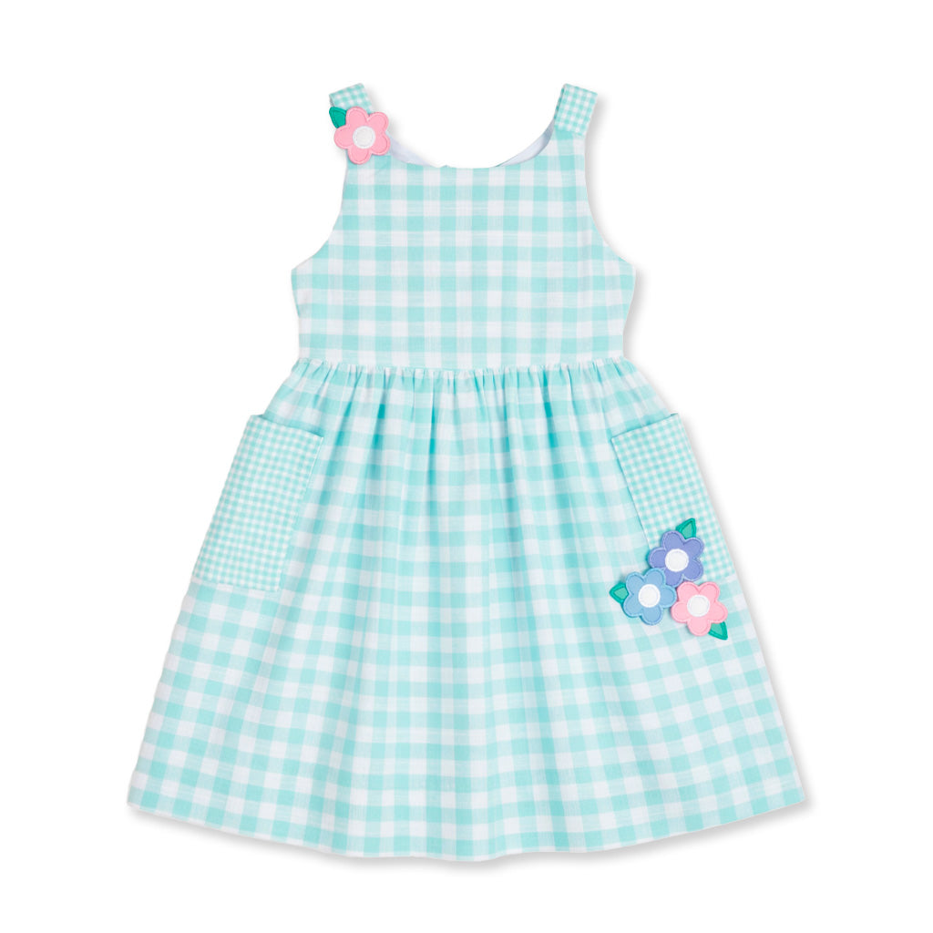 Gingham Linen Look Dress With Flowers