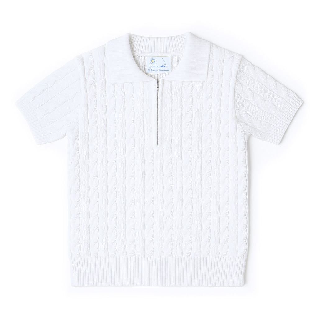 White ribbed knit short sleeve sweater on a white background