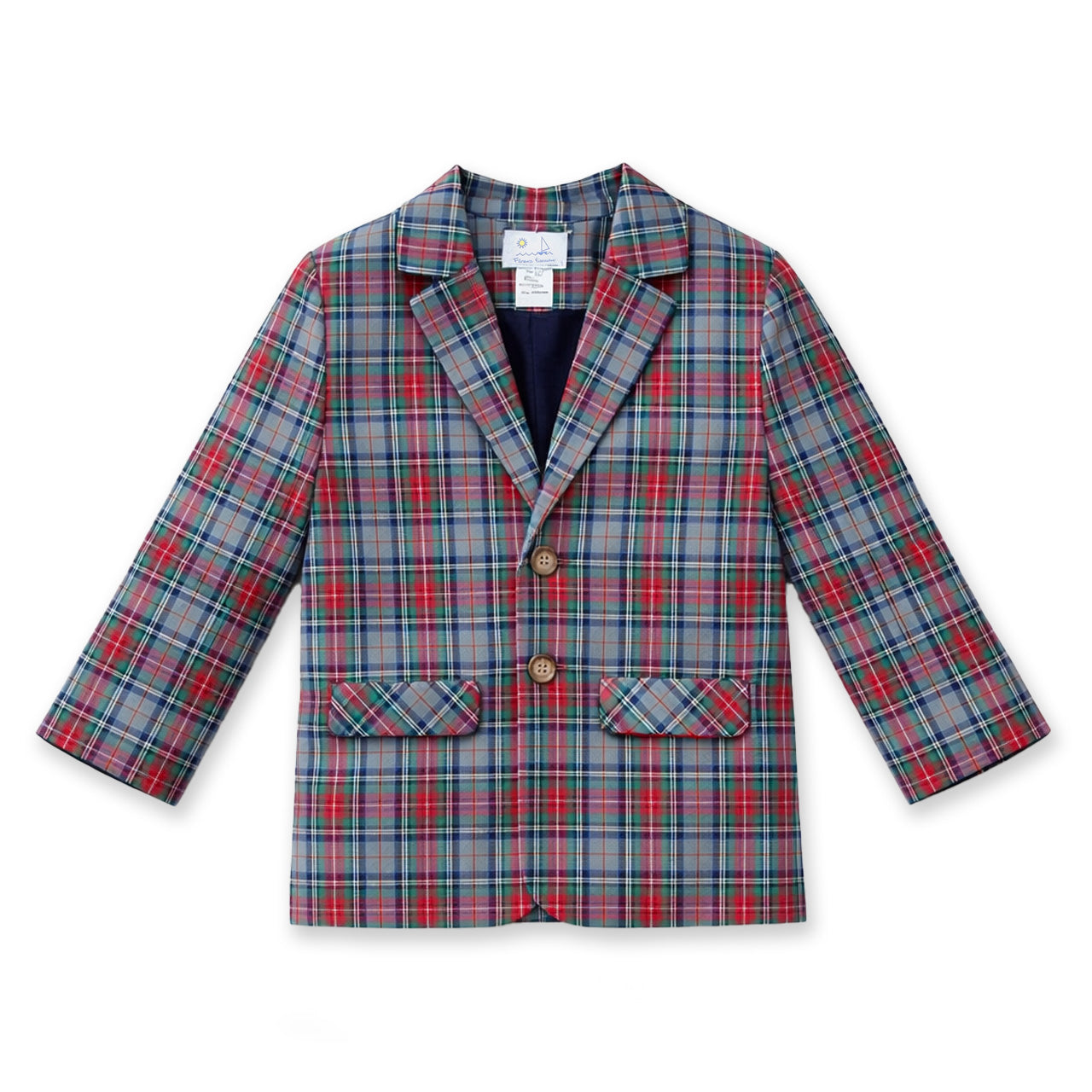 Plaid blazer with red, blue, and gray pattern on a white background