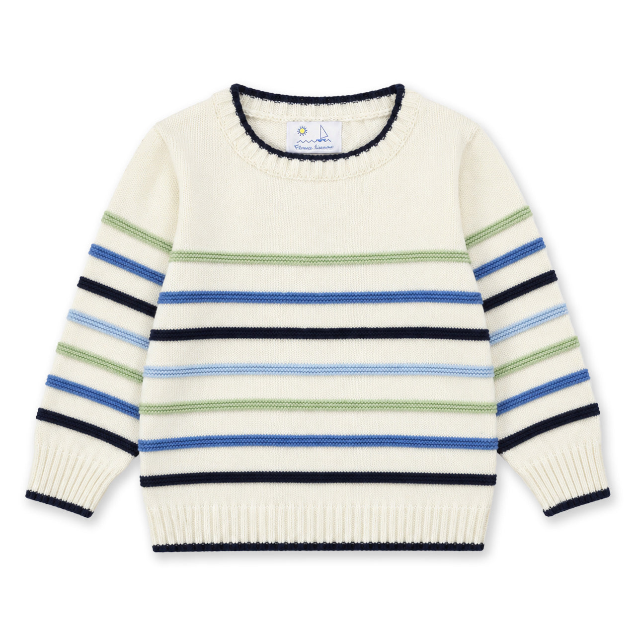 Striped sweater with blue, green, and navy colors on a white background
