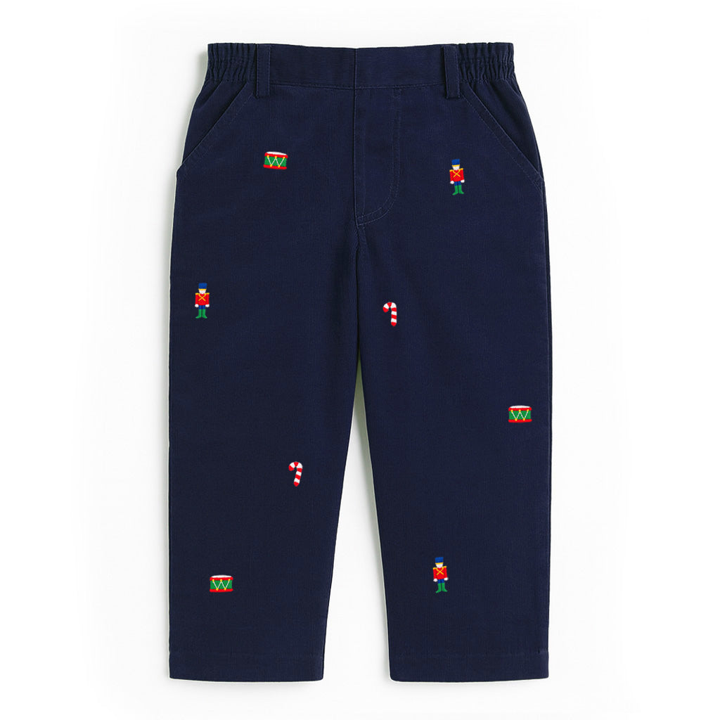 Corduroy Fake Fly Pants With Allover Embroidery