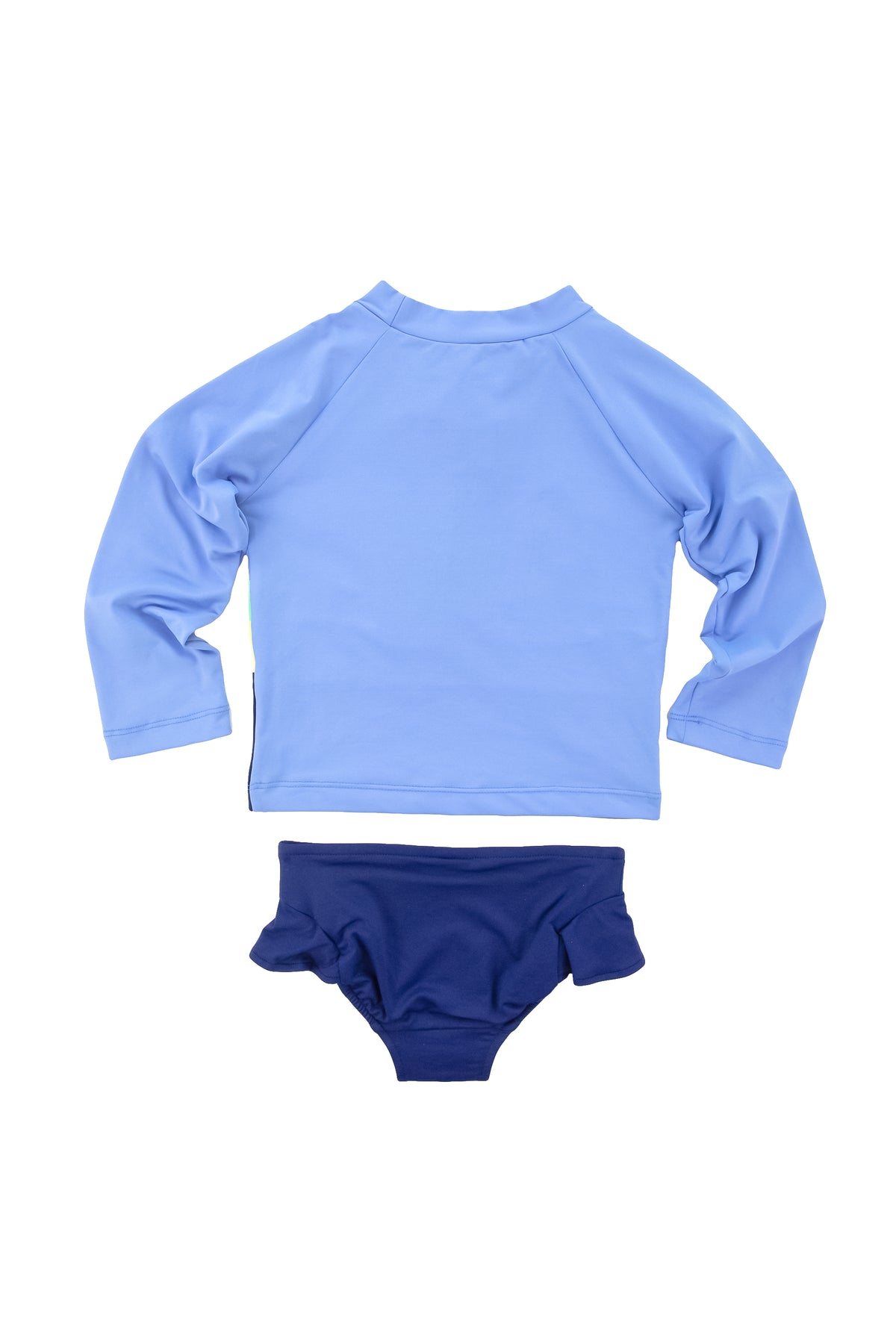 Back view of Blue Beach Scene Rash Guard Swimsuit