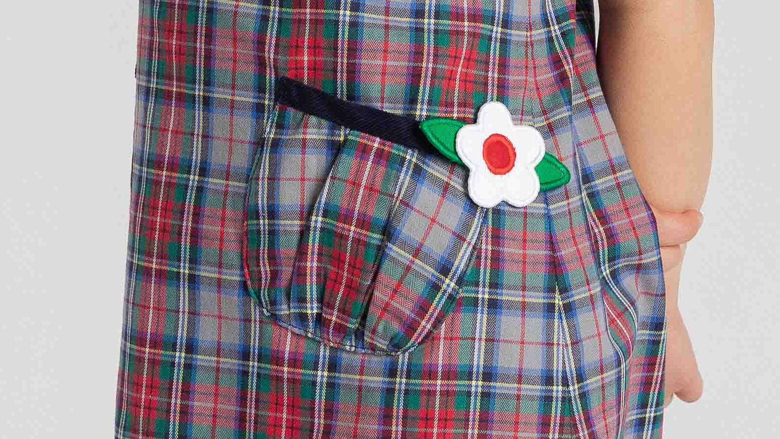 Young girl wearing a plaid dress with a red bow in her hair on a white background