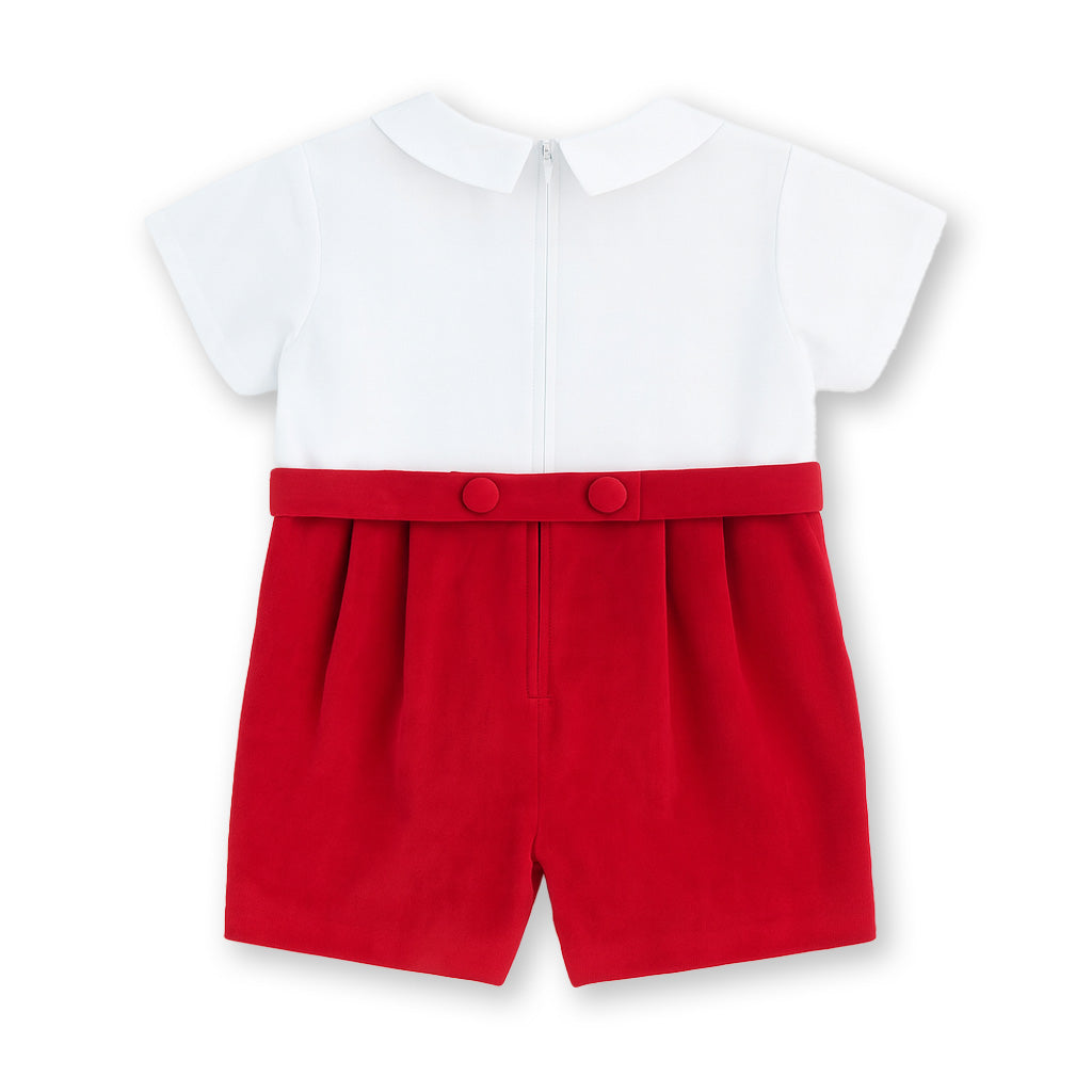 Red Pique And Velvet Short Sleeve All In One Shortall