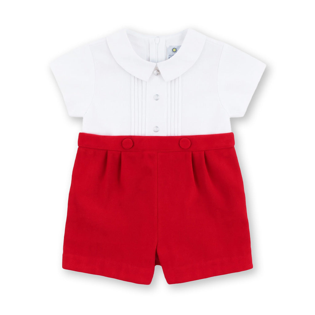 Red Pique And Velvet Short Sleeve All In One Shortall