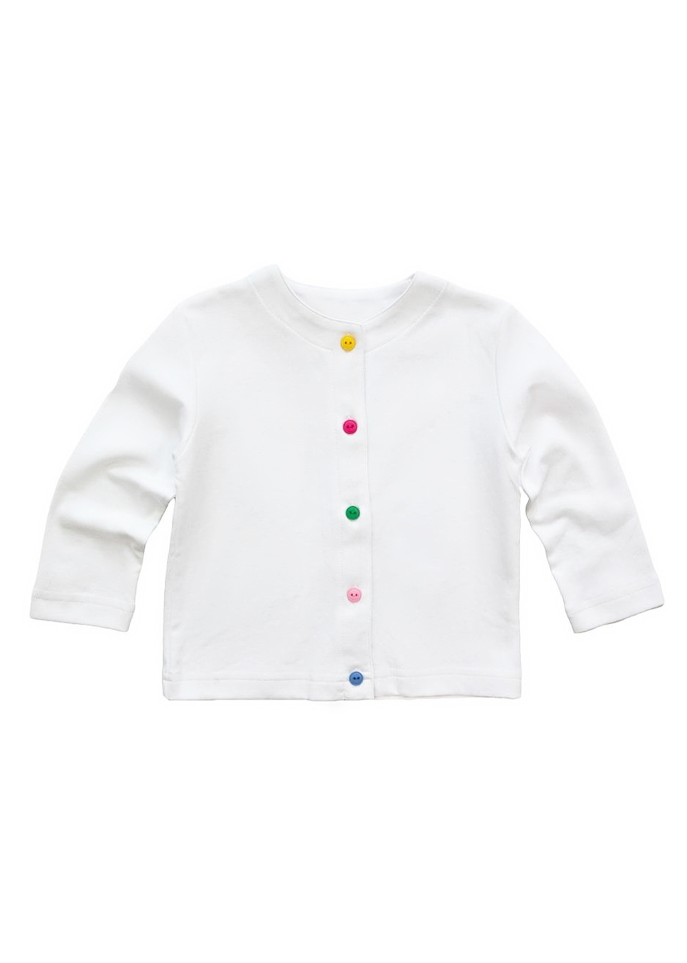 A white girls' knit cardigan with long sleeves, featuring small colorful buttons on the front.