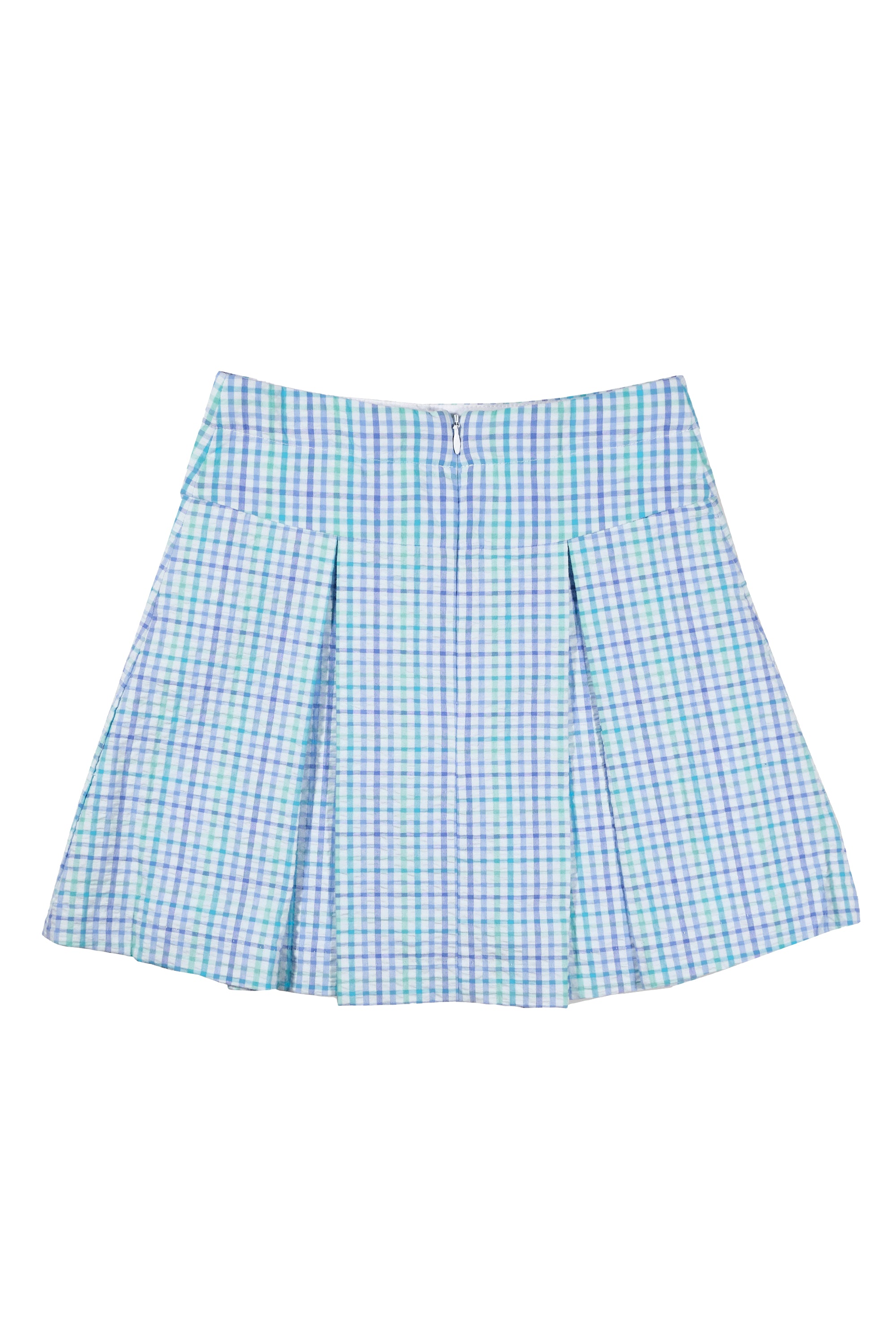 back view of plaid seersucker pleated skirt