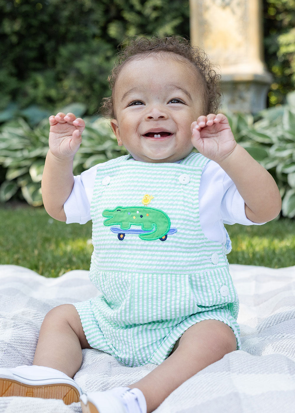 baby boy in Seersucker Shortall