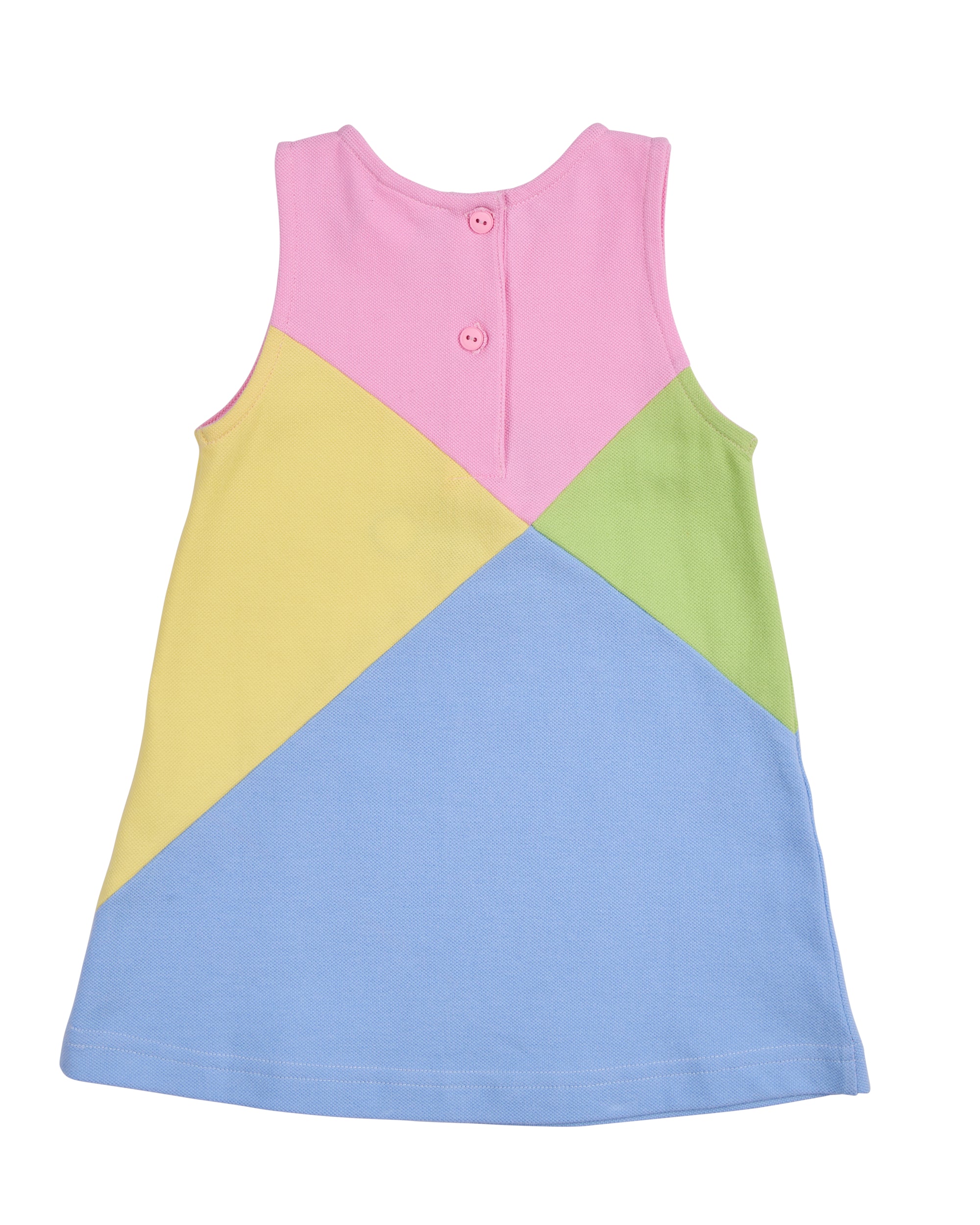back view of pink, yellow, green and blue jumper dress