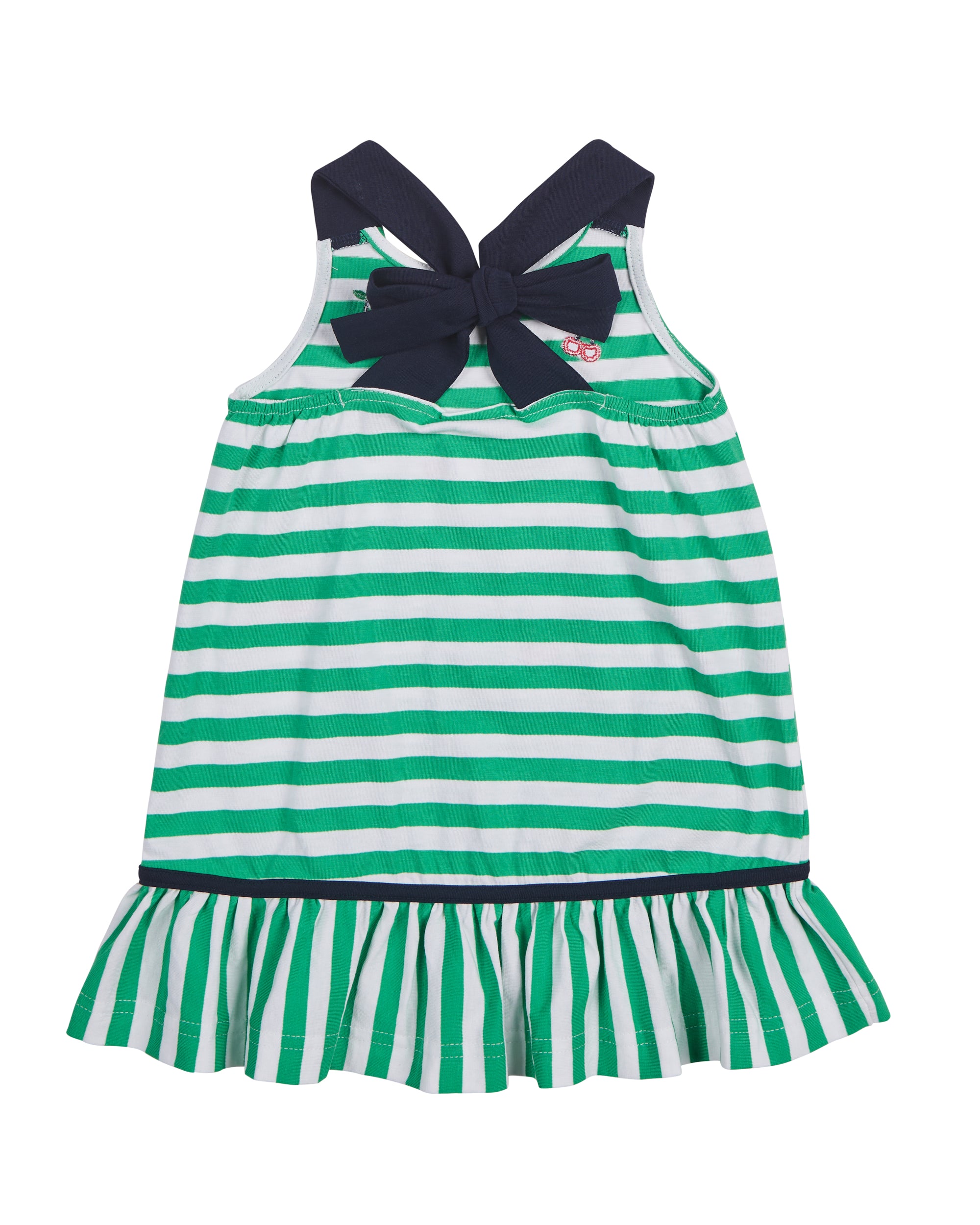 back view of green and white stripe dress with cherries
