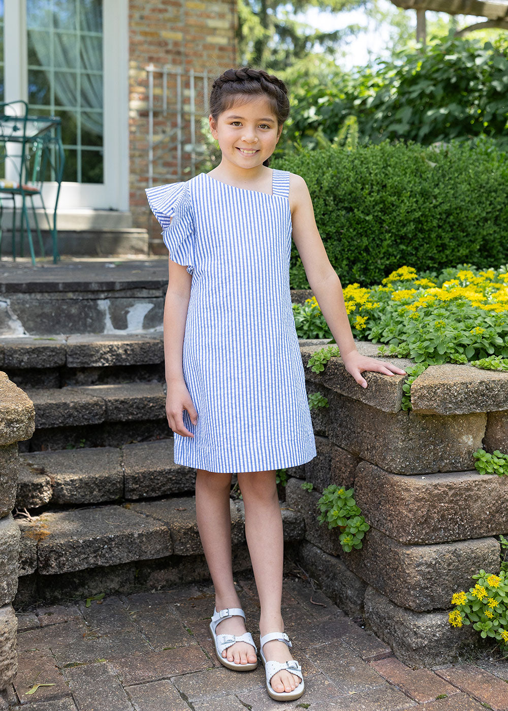 girl in Seersucker Flutter Sleeve Dress