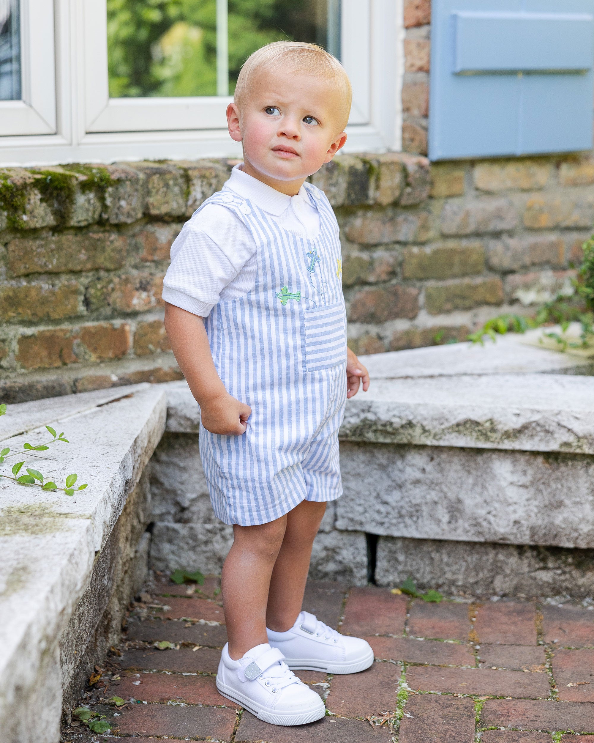 toddler boy wearing Stripe Linen-Look Shortall 