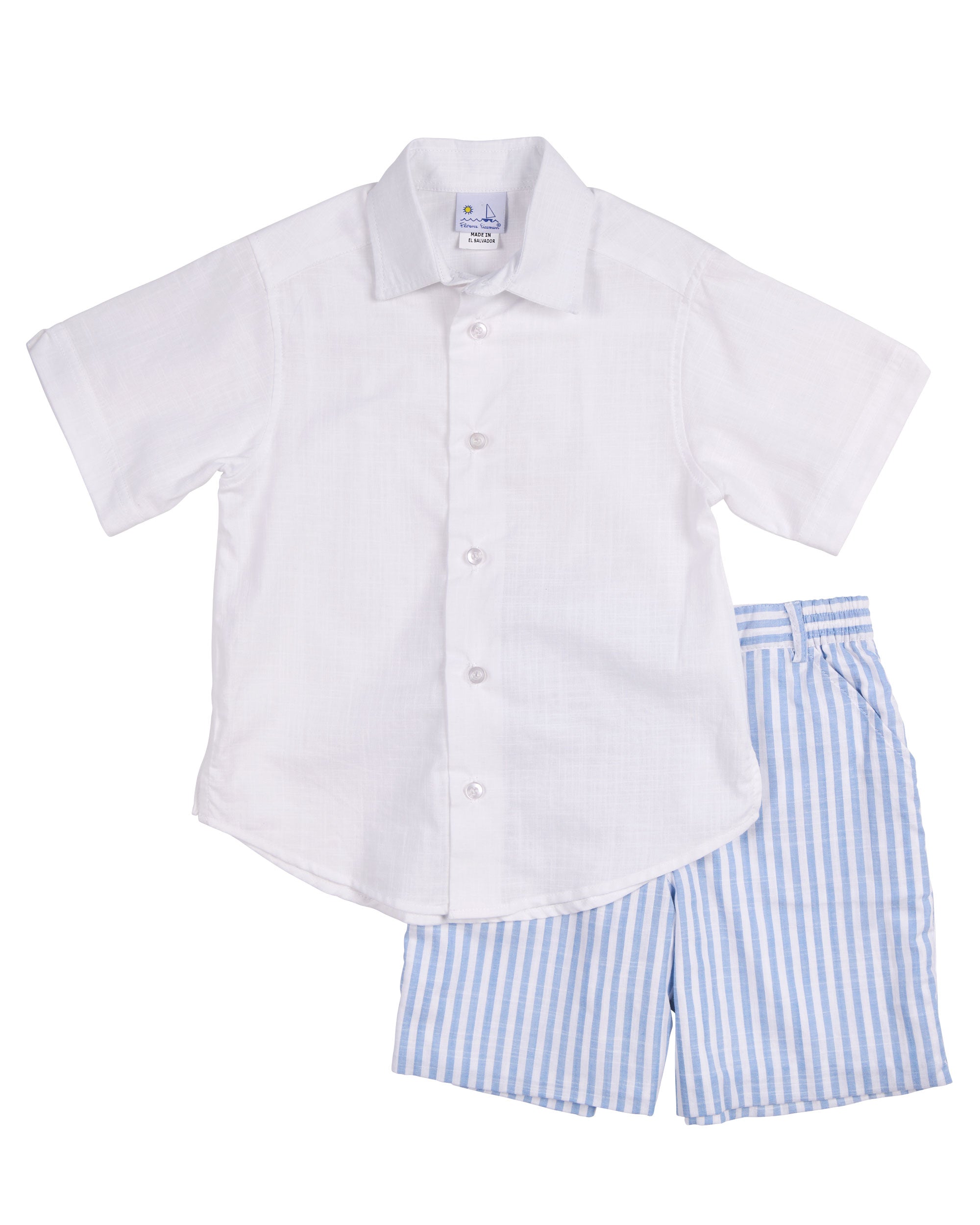 Stripe Linen-Look Short paired with white camp shirt
