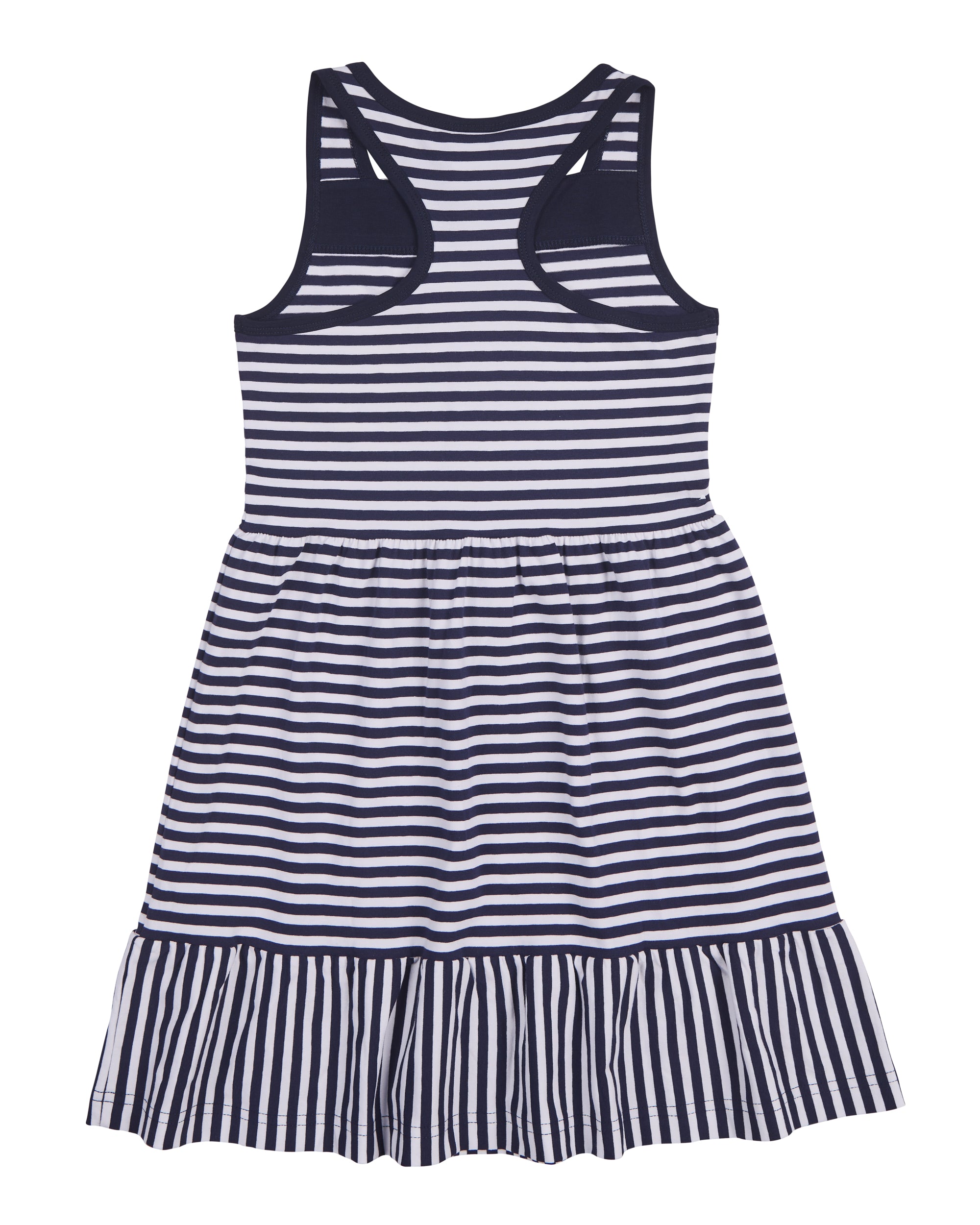 back view of navy stripe dress