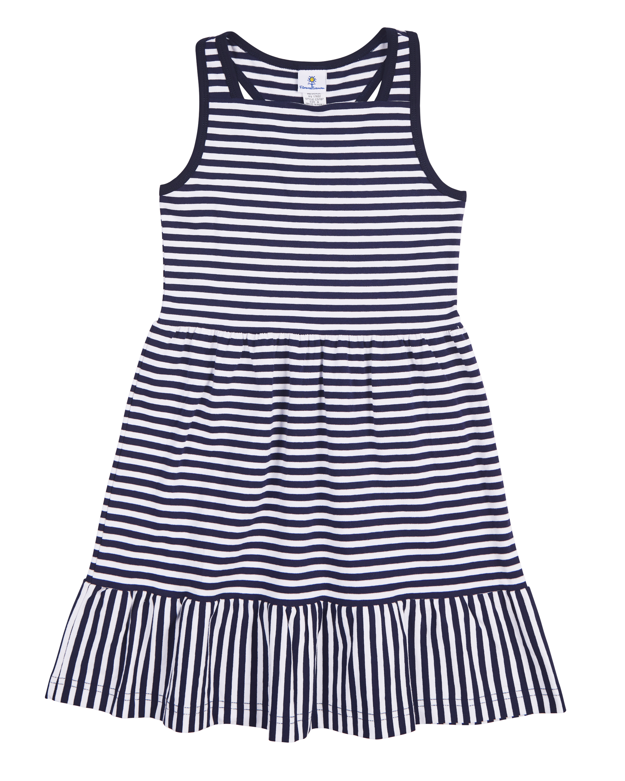 front view of navy stripe dress