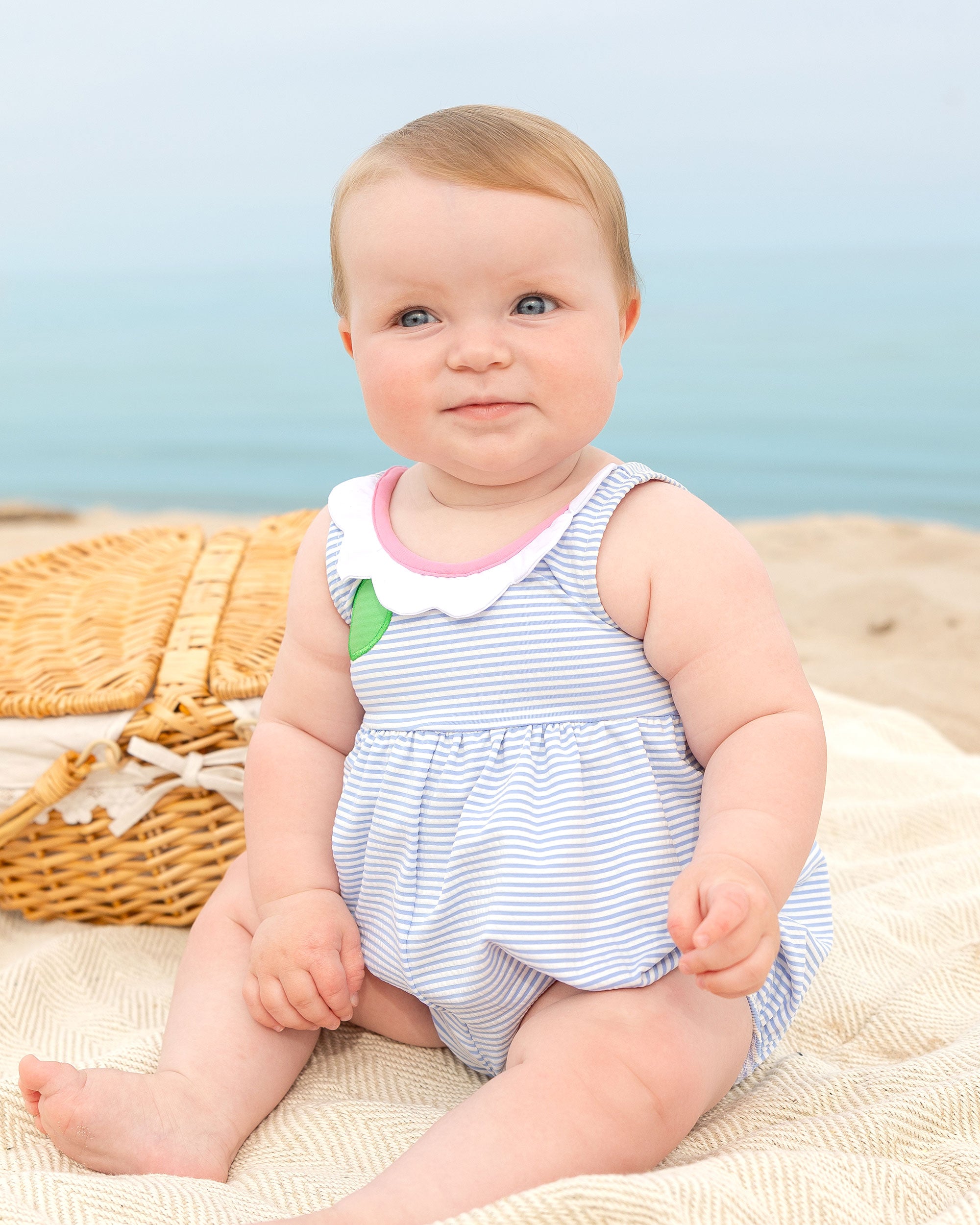 toddler in seersucker bubble swimsuit