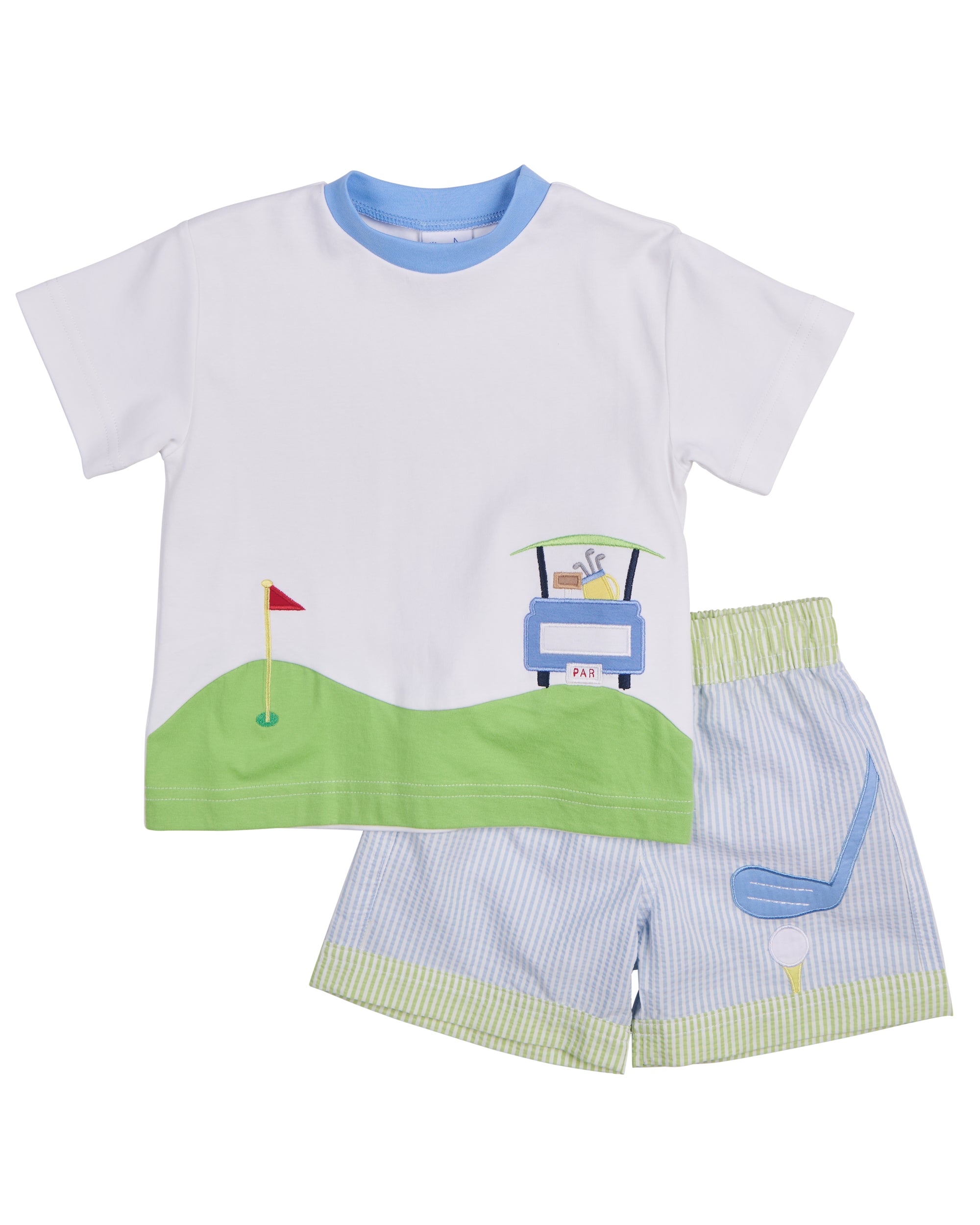 seersucker trunk paired with t-shirt with golf cart