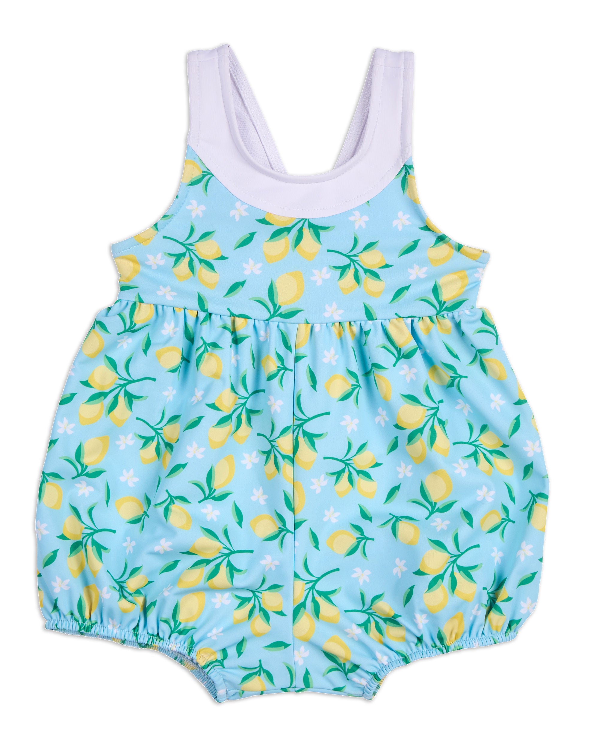 top view of lemon print bubble swimsuit