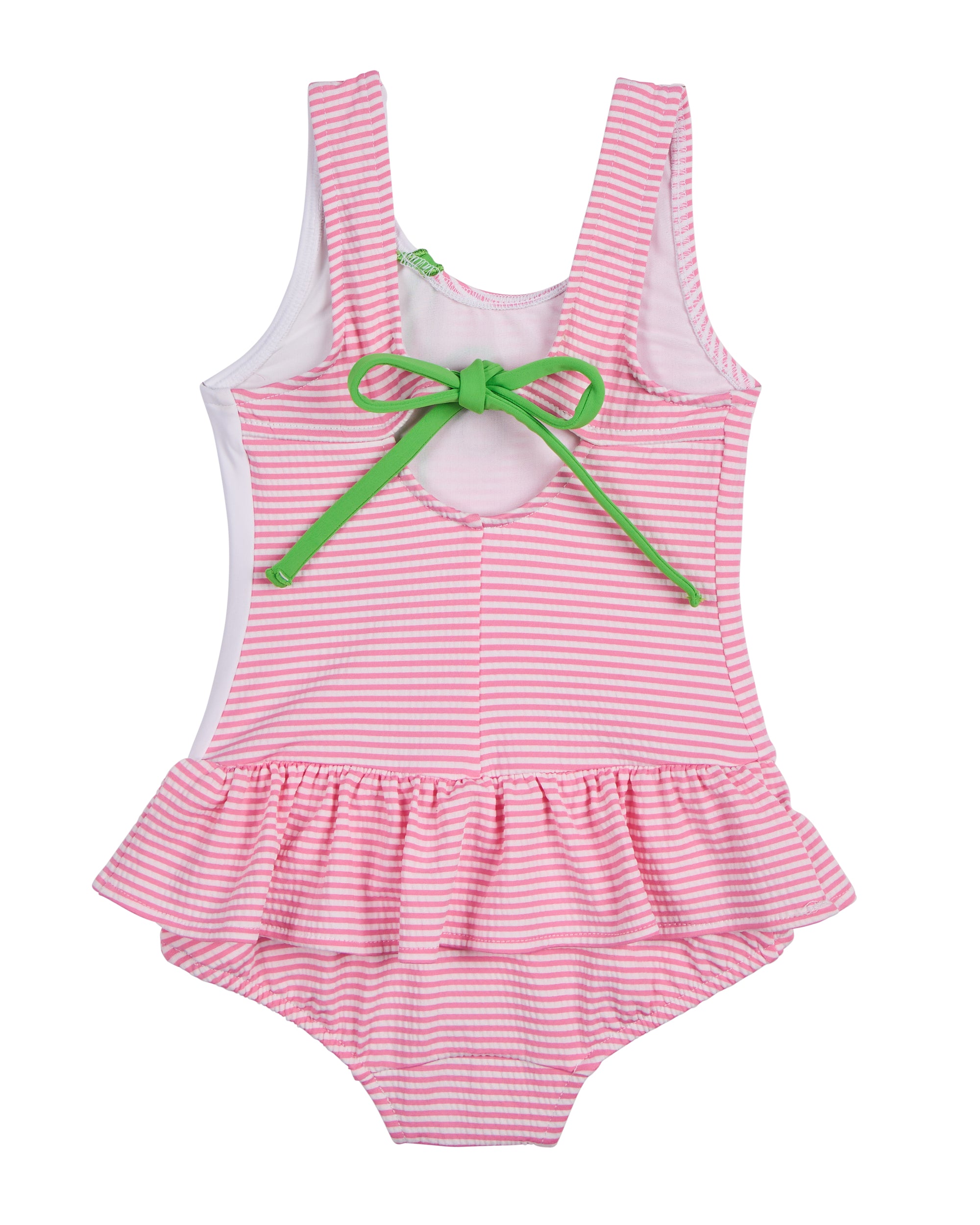 back view of seersucker suit with cherries laying flat