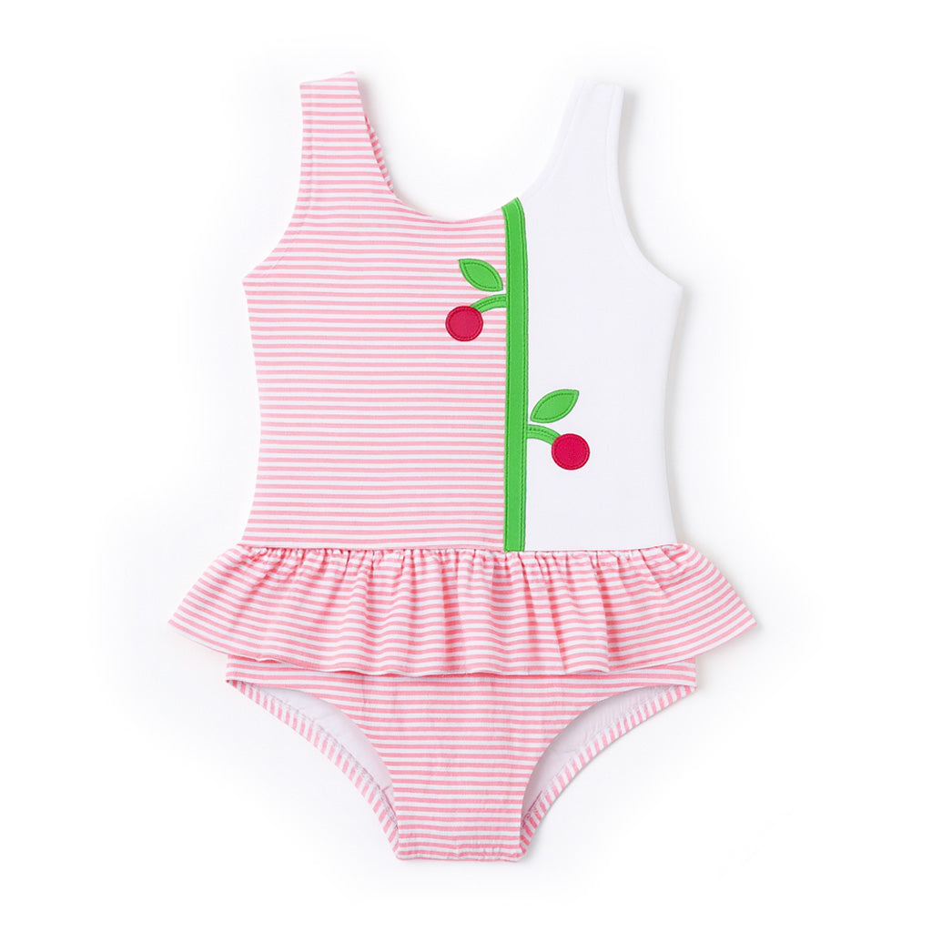 Seersucker Skirted Swimsuit With Cherries
