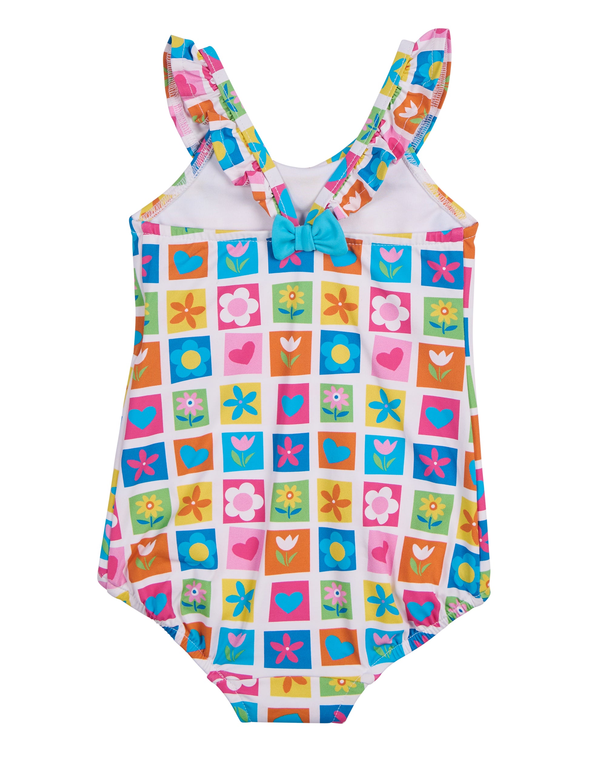 back view of patchwork floral swimsuit