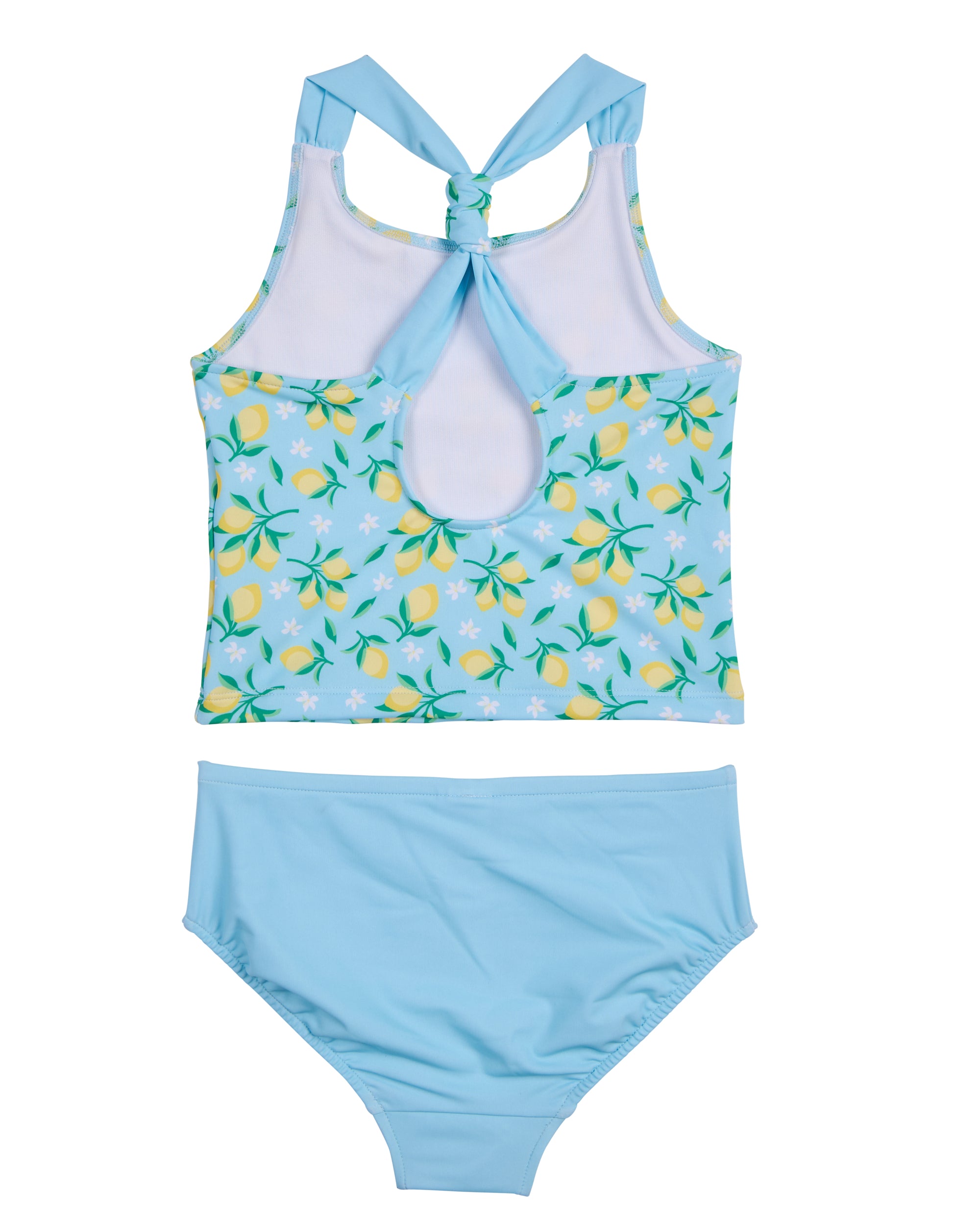 back view of tankini with lemon top and blue bottoms