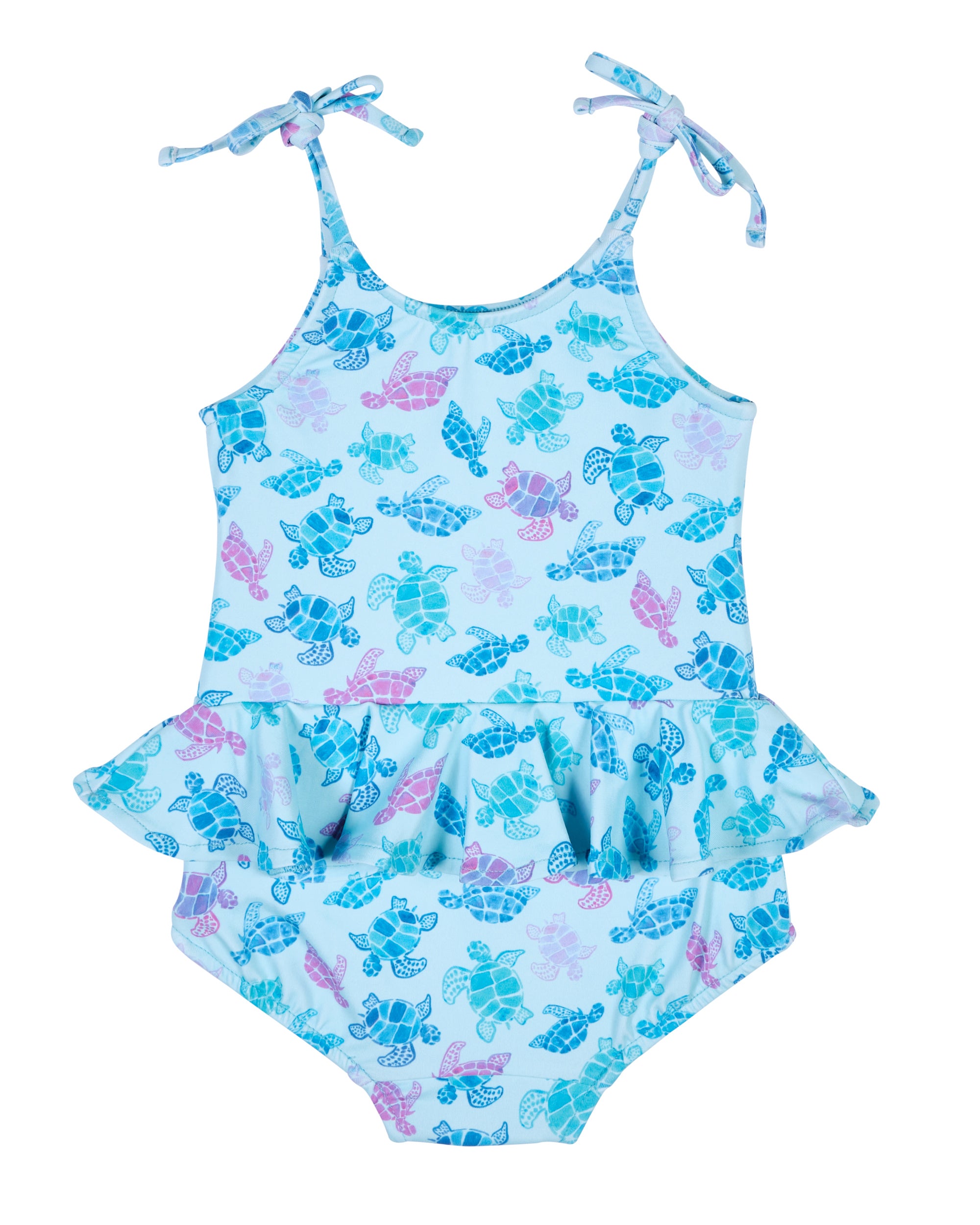 Two-piece swimsuit with turtle pattern on a white background