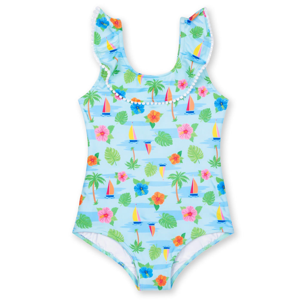 Tropical Print Ruffle Neck Swimsuit
