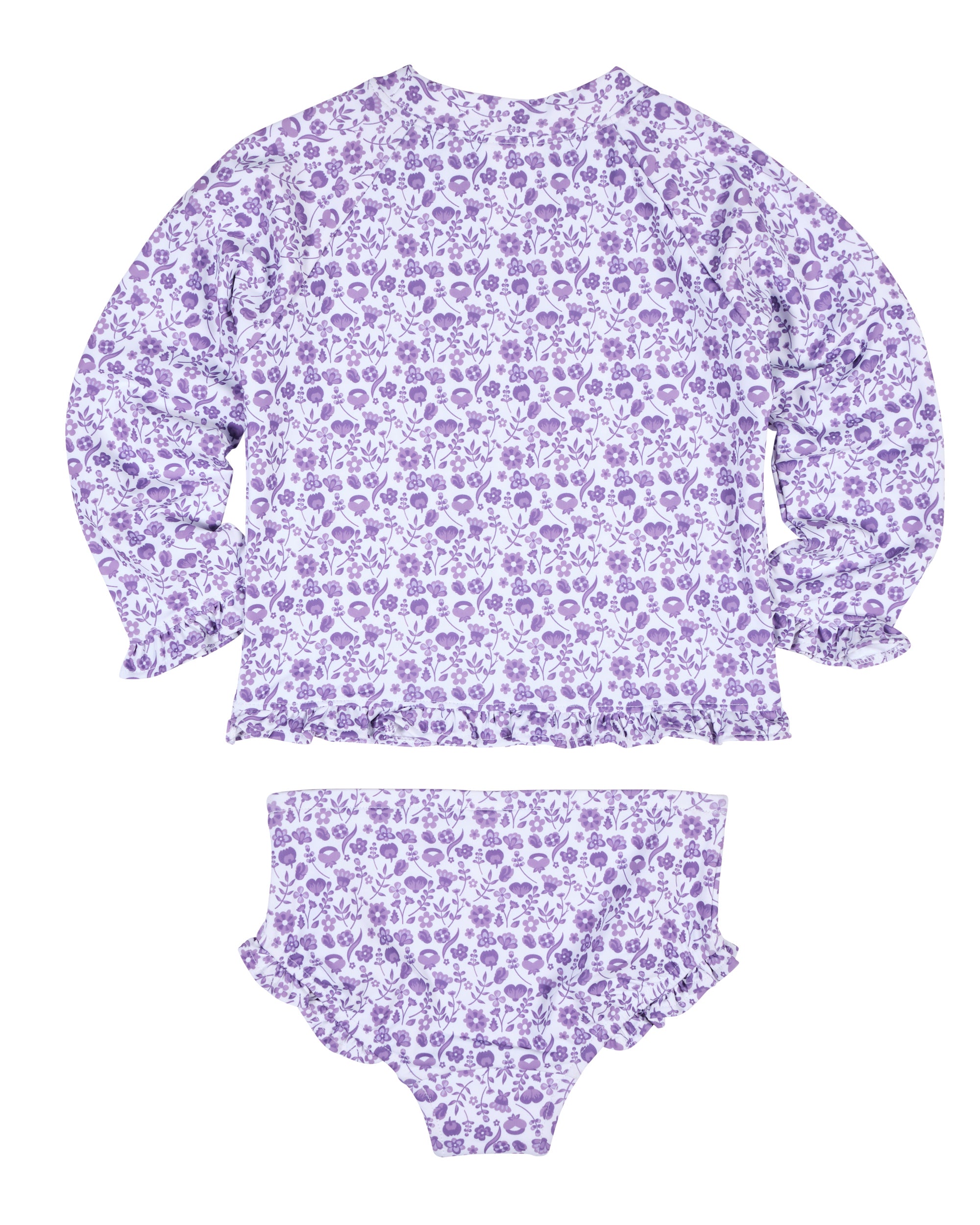 back of purple floral long-sleeve rash guard and matching bottoms on a white background