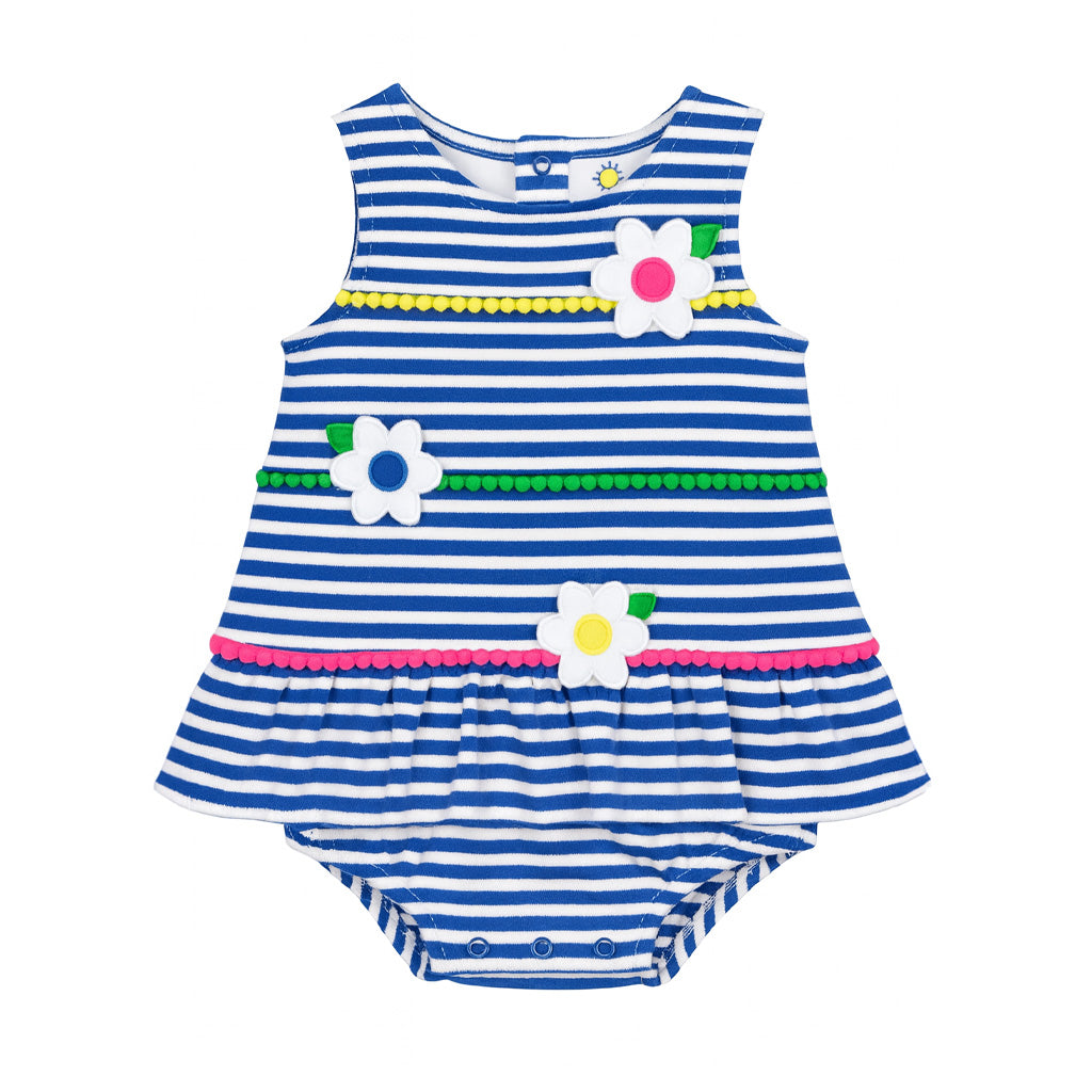 Stripe Knit Romper With Pom Poms & Flowers