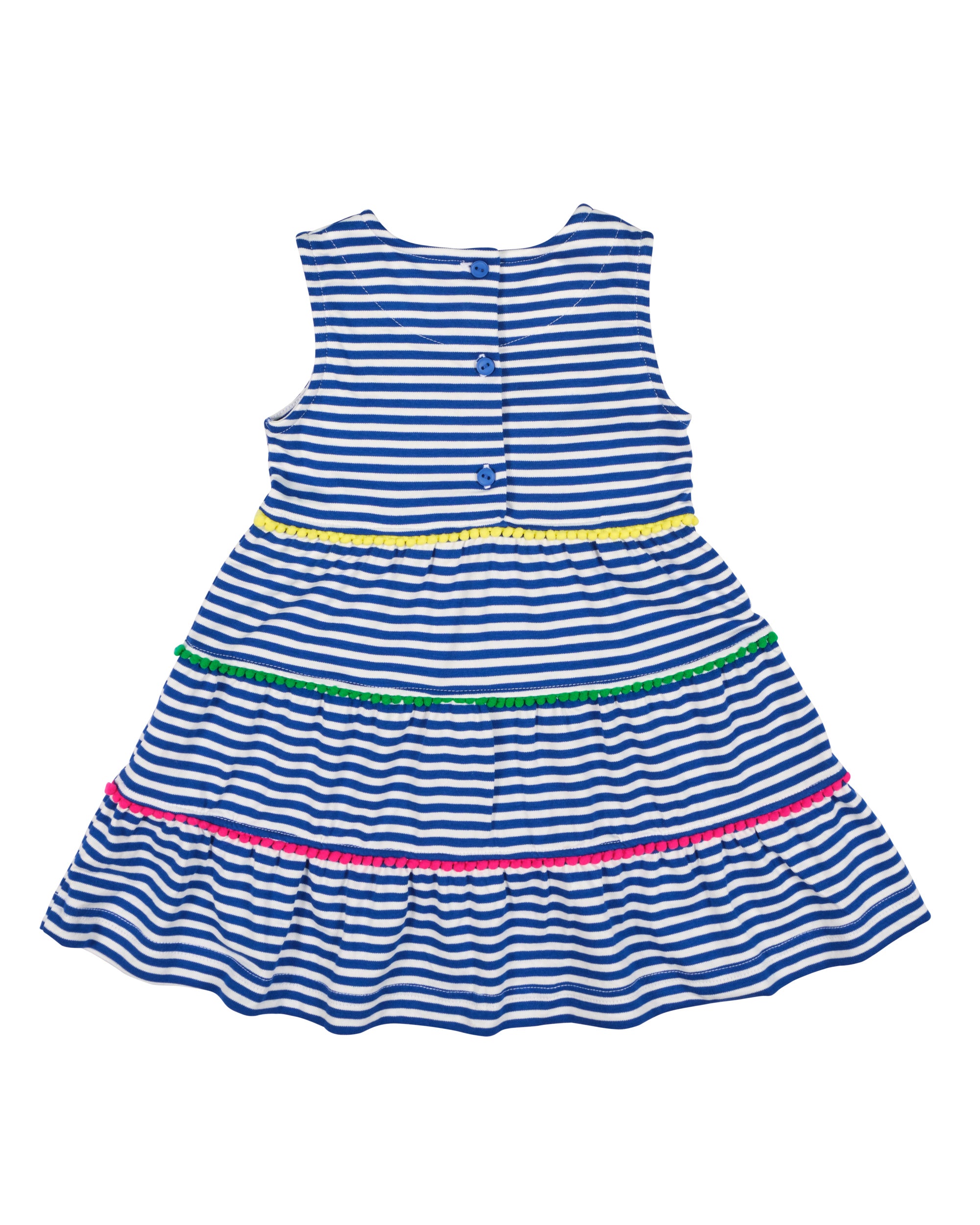 Back of blue and white striped dress with colorful trim on a white background
