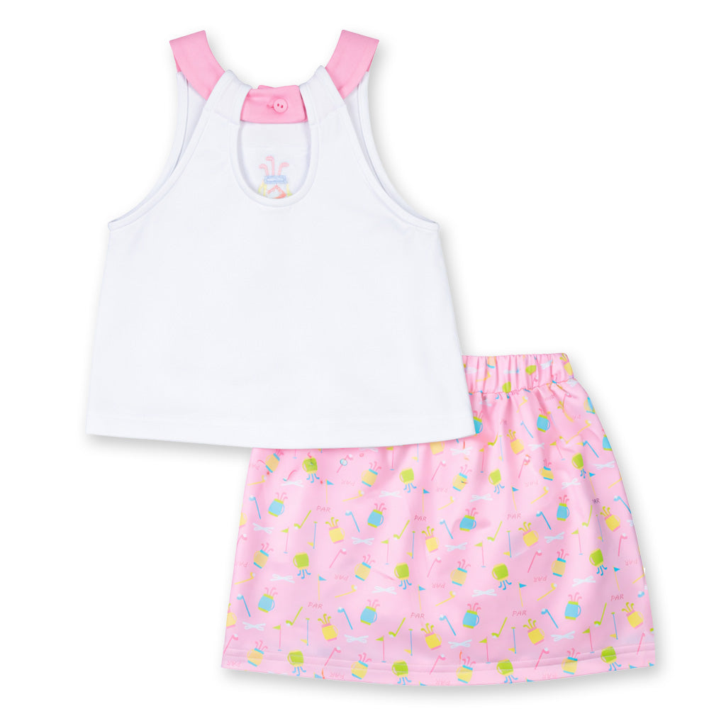 back of white tank top with pink trim and a pink skirt with colorful patterns on a white background